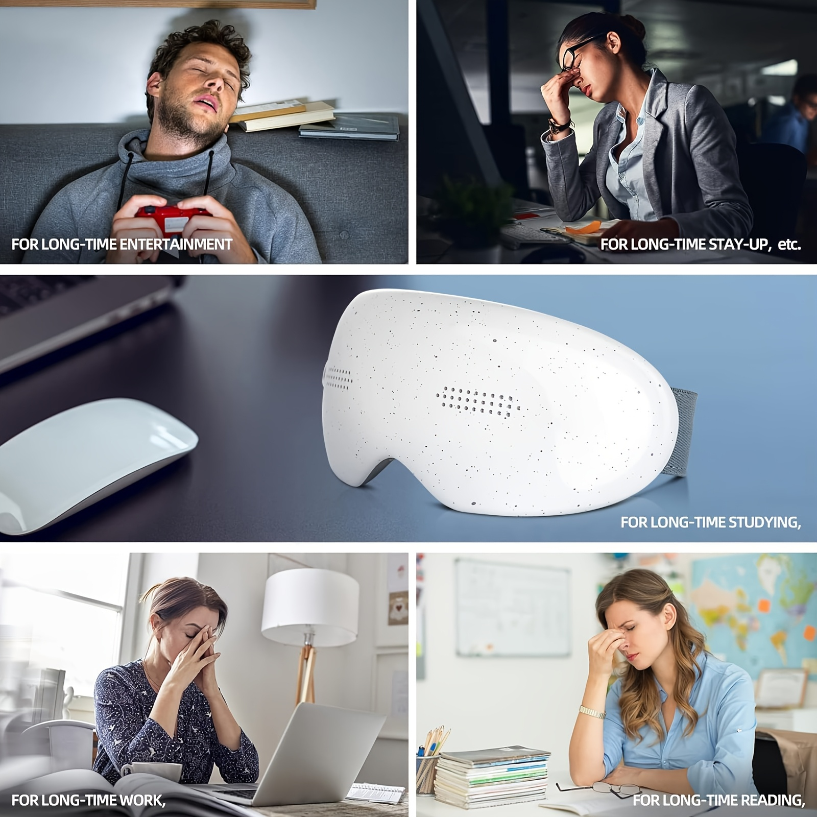 Ein Bild zeigt müde Menschen, Arbeit und ein weißes Eye-Massager-Gerät.