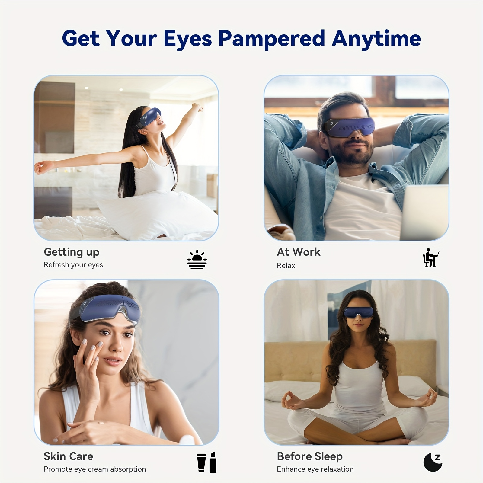 Vier Bilder zeigen eine Person mit einer blauen Augenmassagegerät beim Aufwachen, Arbeiten, Hautpflege und Schlaf.