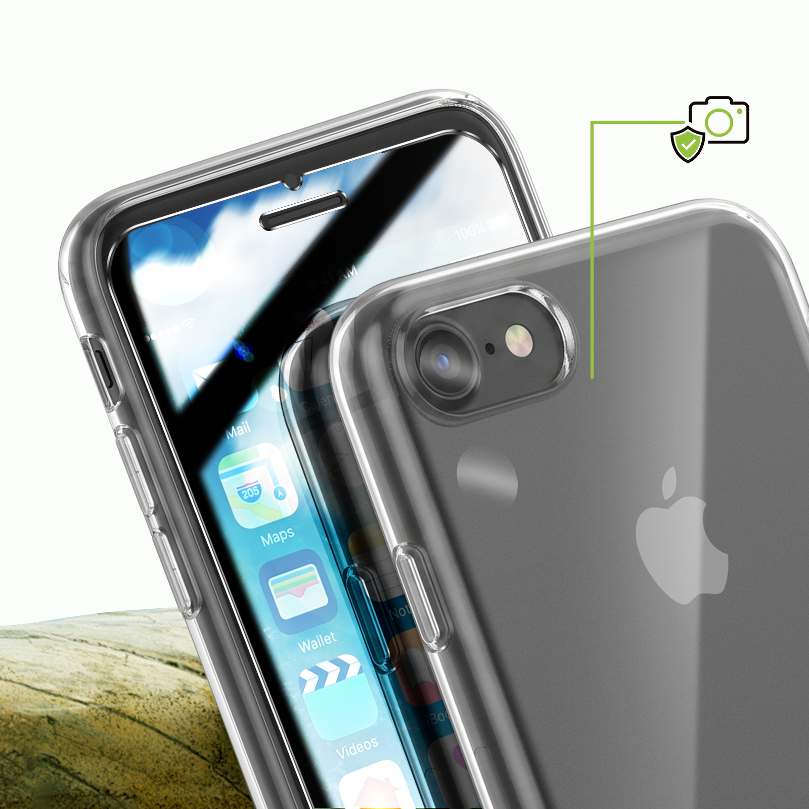 Ein iPhone mit transparenter Schutzhülle zeigt die Vorderseite mit Apps und die Rückseite mit Apple-Logo.