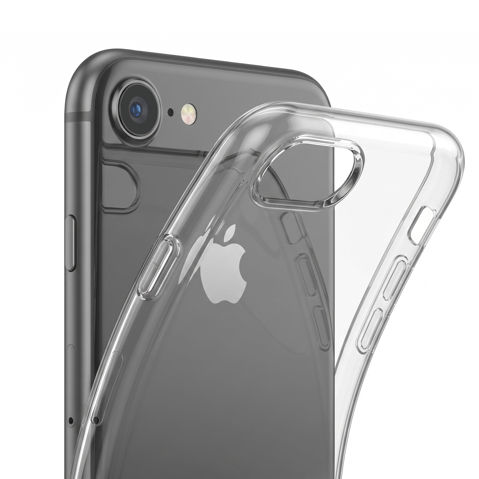 Ein graues iPhone wird teilweise in eine transparente Silikonhülle gesteckt.