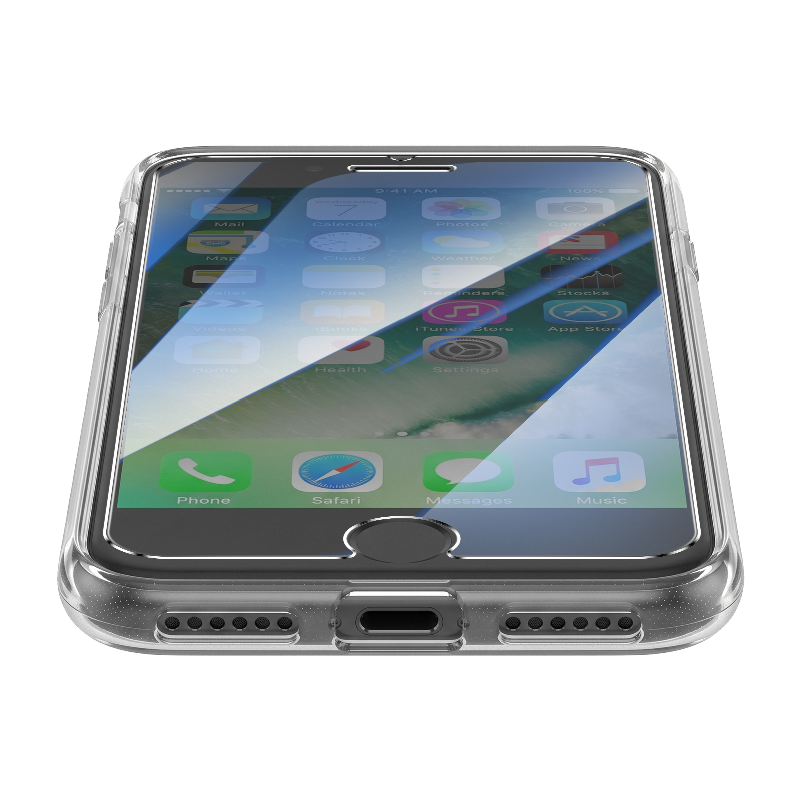 Ein Smartphone mit klarer Schutzhülle und sichtbarem Bildschirm auf weißem Hintergrund.