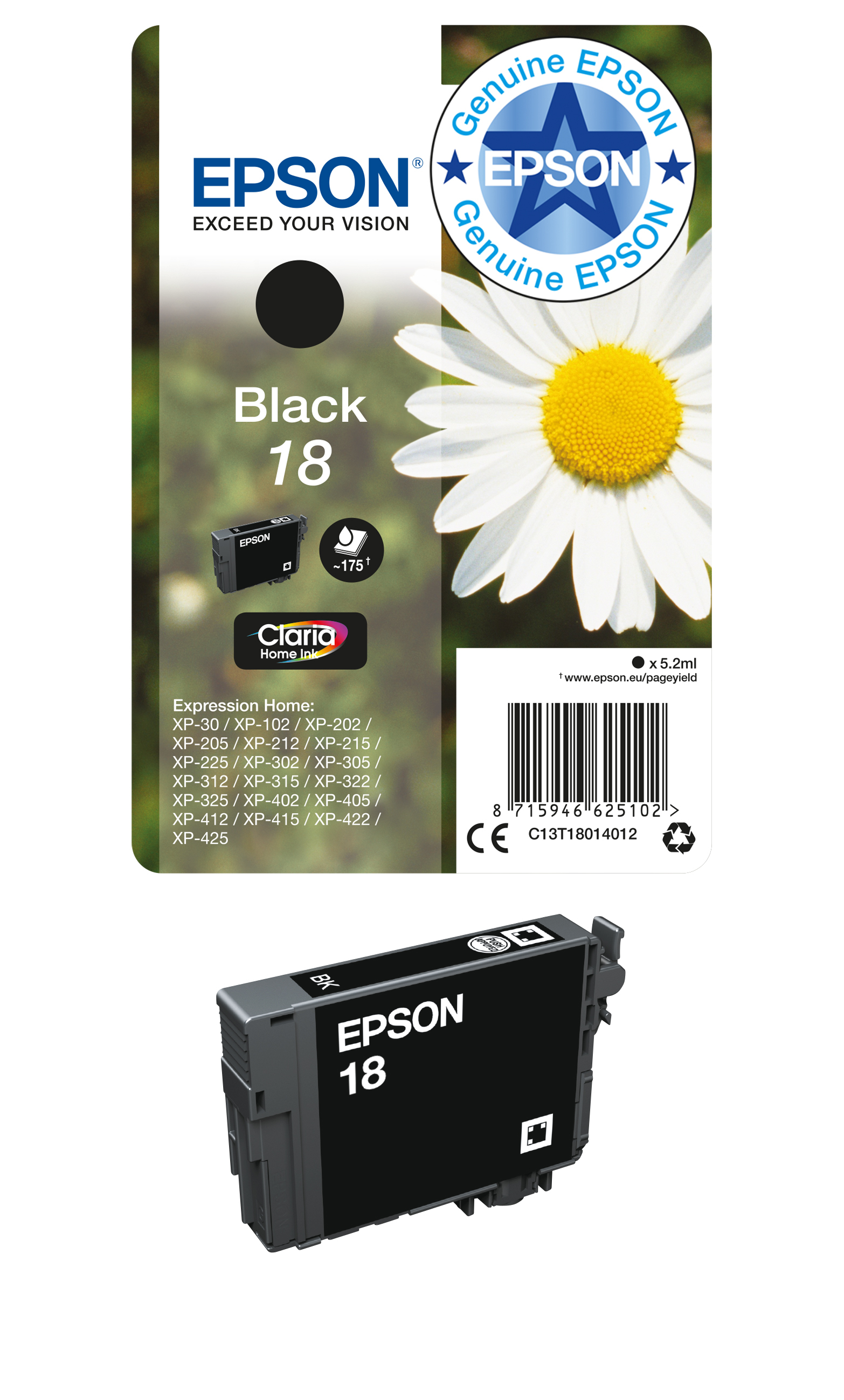 Cartucho de tinta negra Epson 18 y embalaje con un gráfico de margarita.