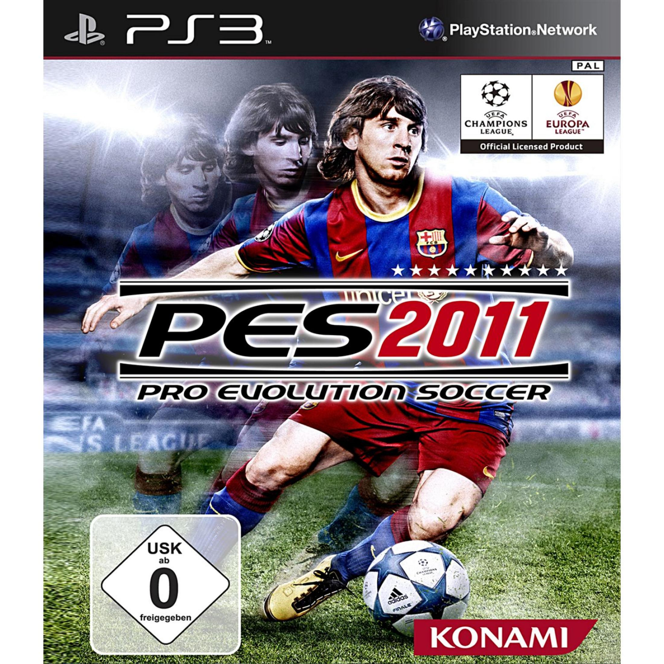 PS3-Spielcover von PES 2011 mit Fußballspieler Lionel Messi im FC Barcelona-Trikot auf dem Spielfeld.