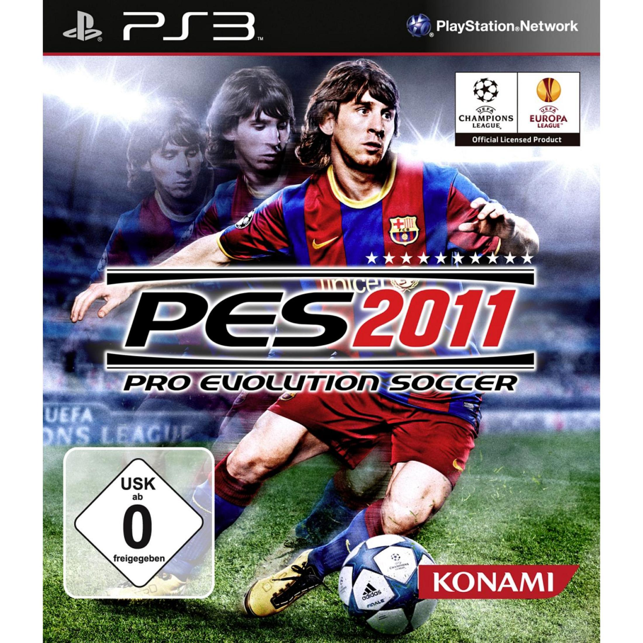 PES 2011 PS3-Cover mit Lionel Messi im Barcelona-Trikot und Fußball auf dem Spielfeld.