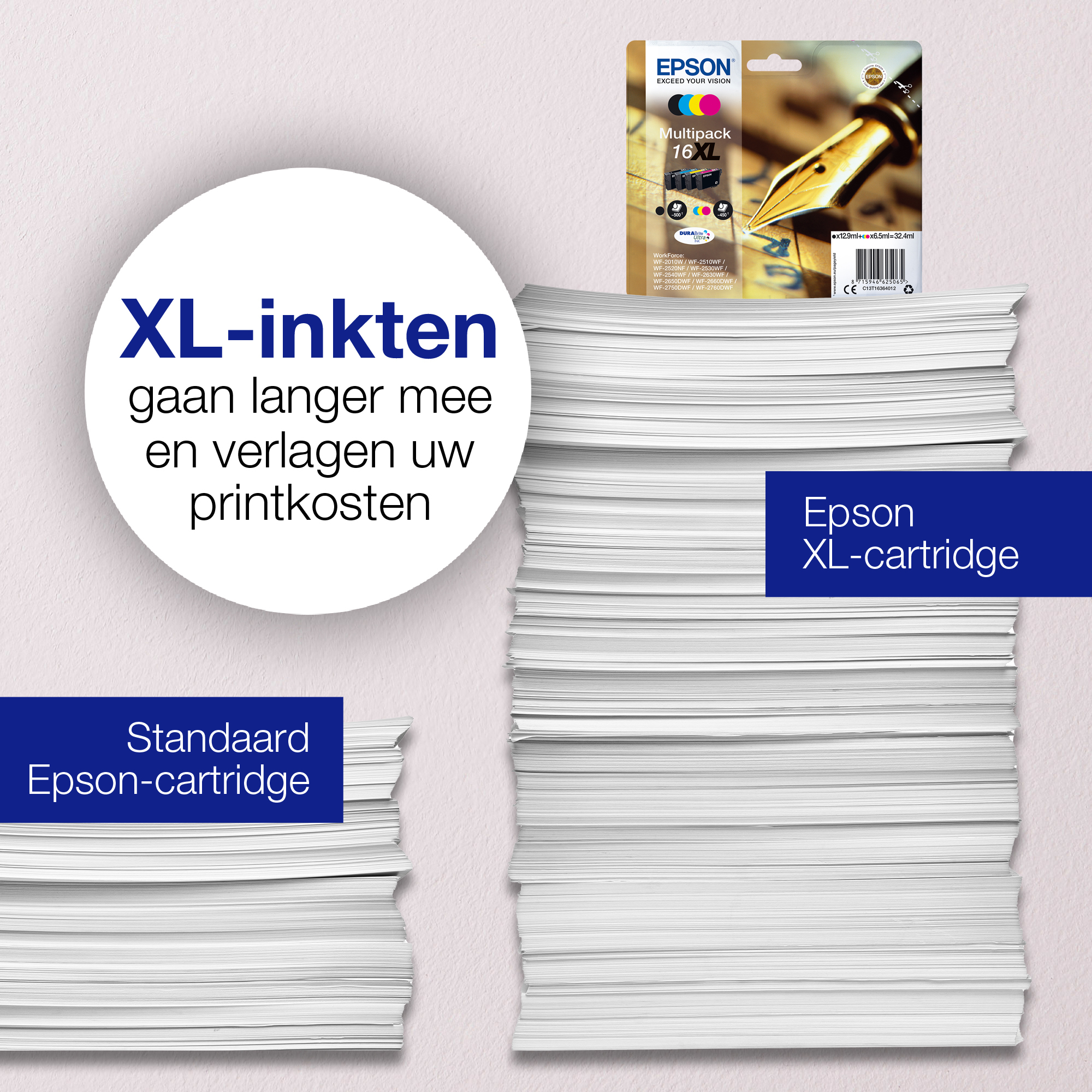 Comparación de pilas de papel: una pila pequeña estándar y una grande XL de cartuchos de impresora Epson.