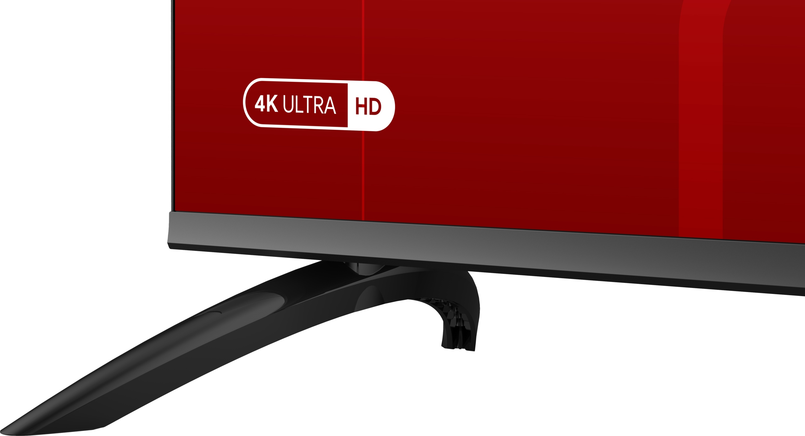 Dolna część nowoczesnego telewizora z czarną podstawą i czerwonym ekranem z logo 4K Ultra HD.