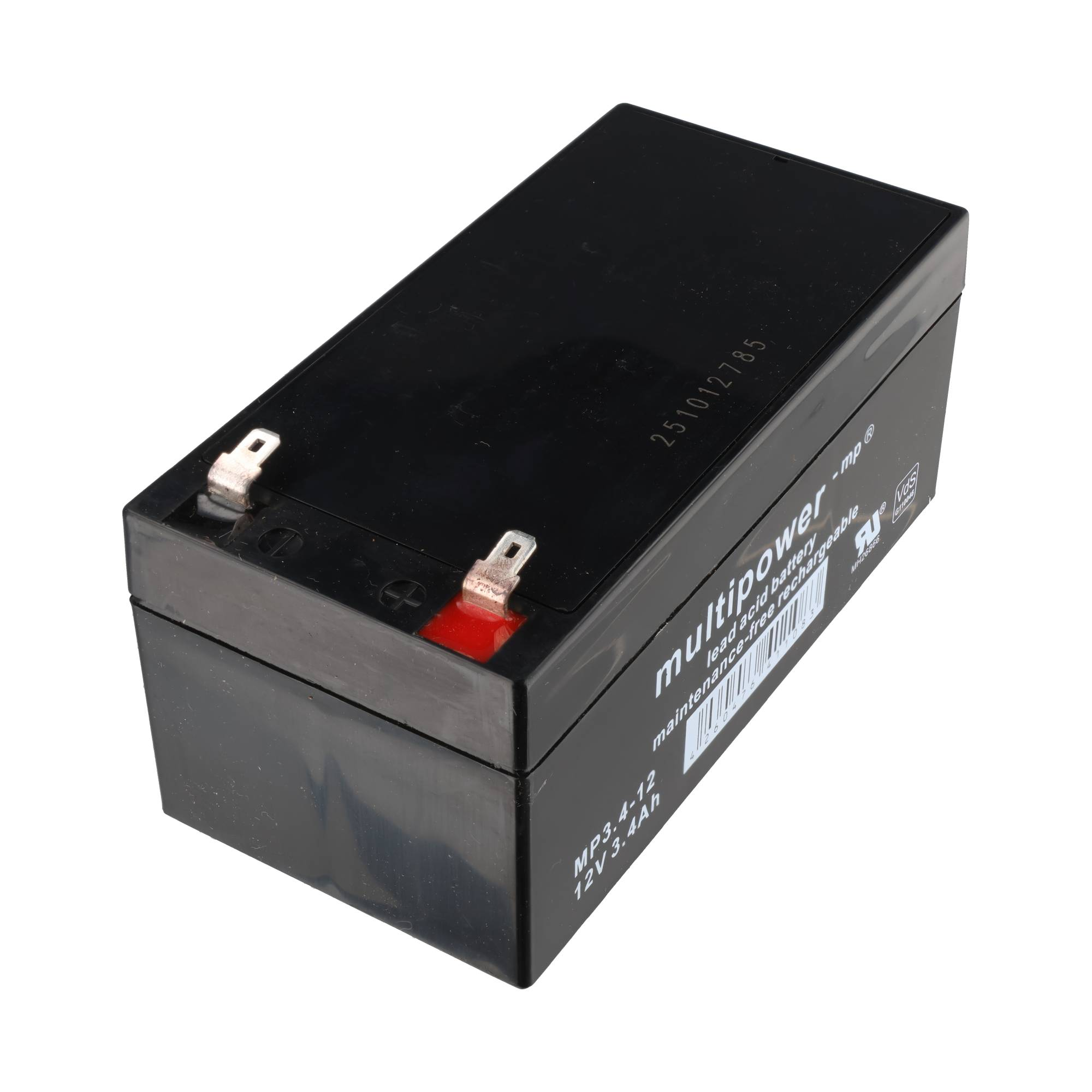 Eine schwarze Multipower 12V 3.4Ah Blei-Säure-Batterie mit zwei Anschlüssen auf einer weißen Oberfläche.