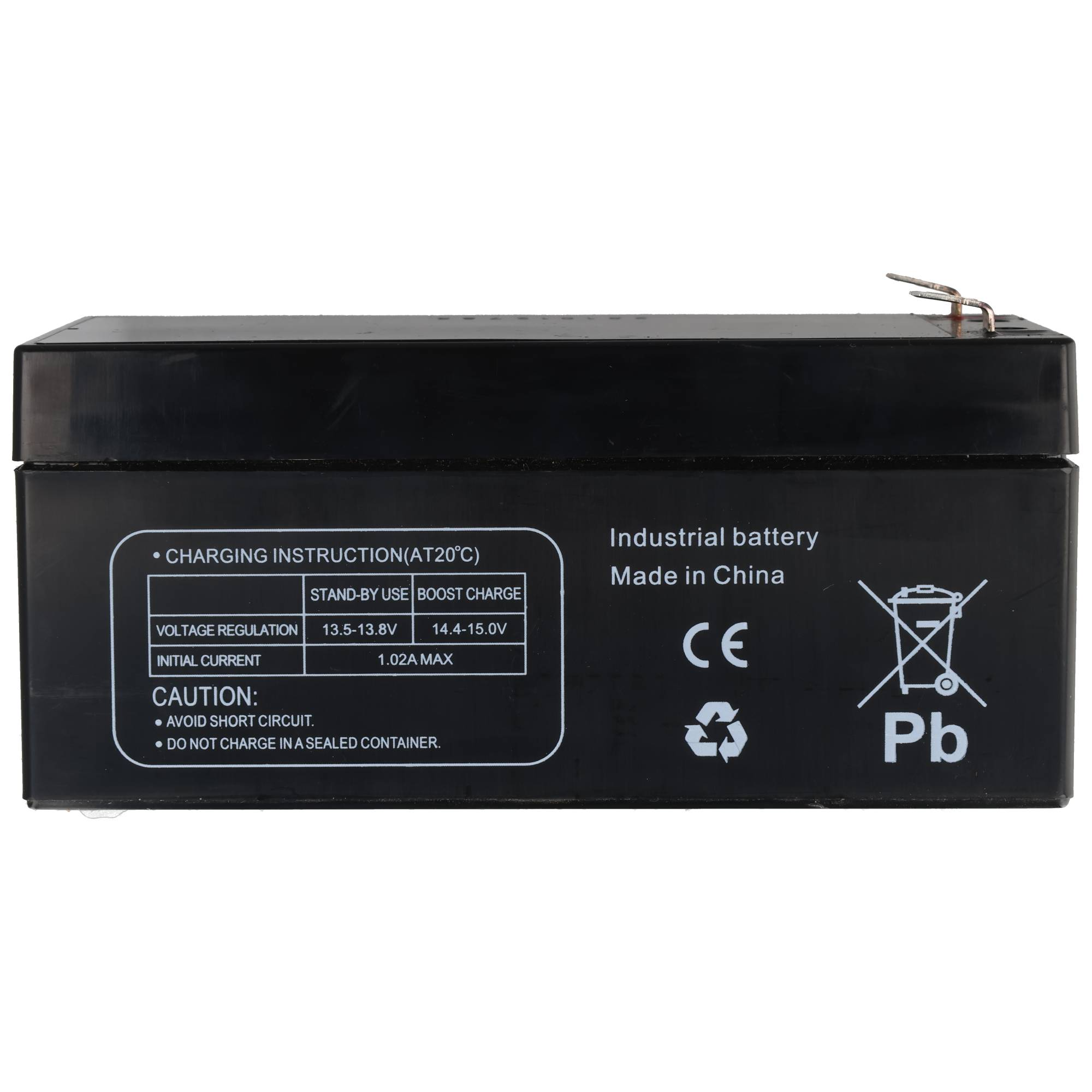 Schwarze Industrie-Bleibatterie mit Ladehinweisen, Vorsichtsmaßnahmen und CE-Kennzeichen auf weißem Text.