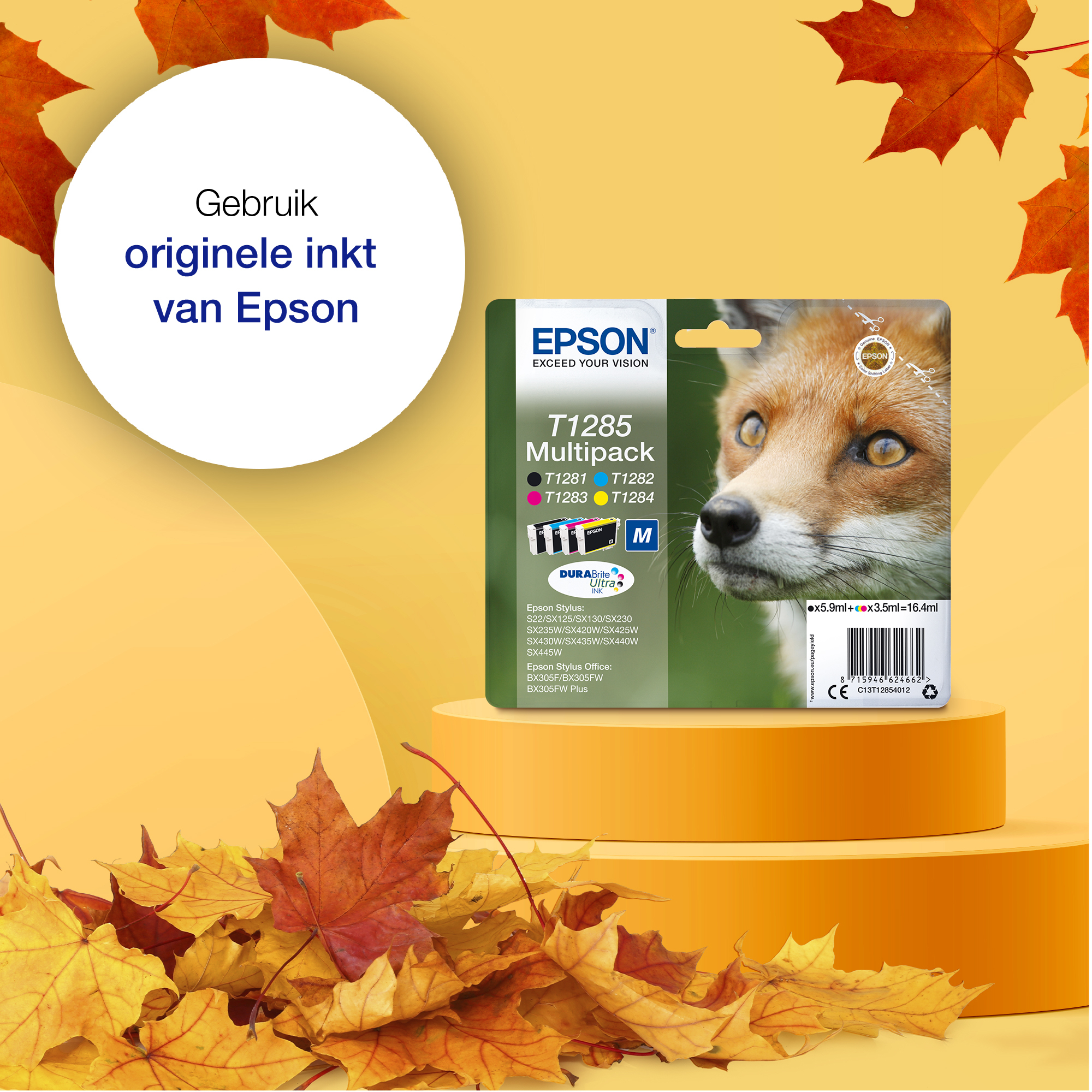 Cartucho de tinta Epson T1285 en un pedestal con hojas de otoño.