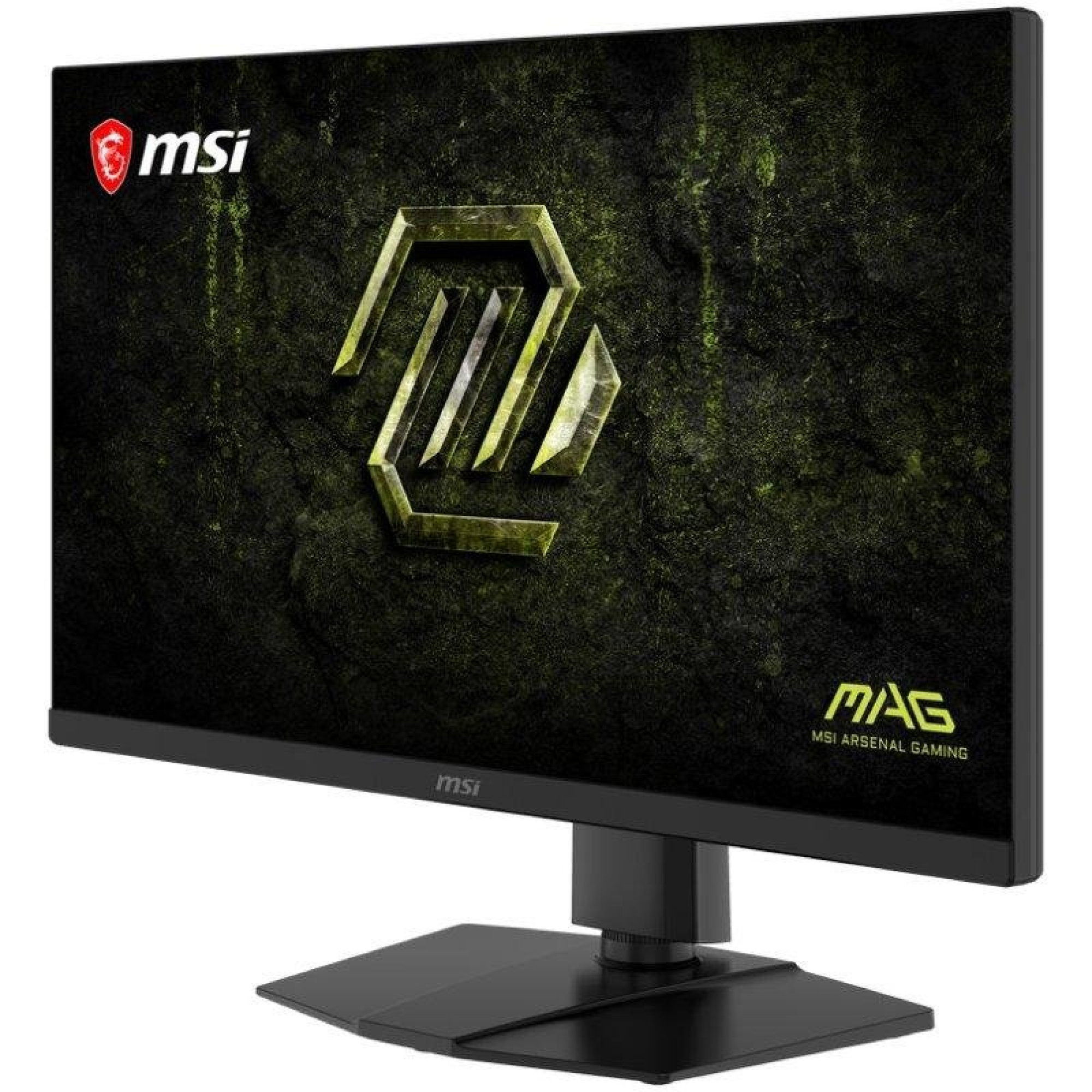 Un monitor de juegos MSI MAG con marco y base negros muestra un logotipo de dragón verde en su pantalla.