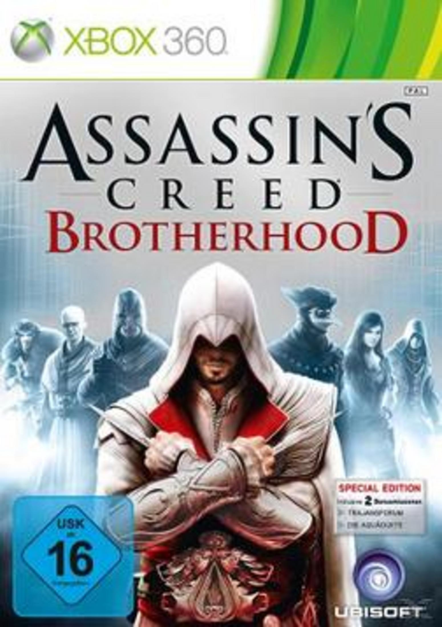 Xbox 360 Spielcover von Assassin's Creed Brotherhood mit Charakteren im Vordergrund.