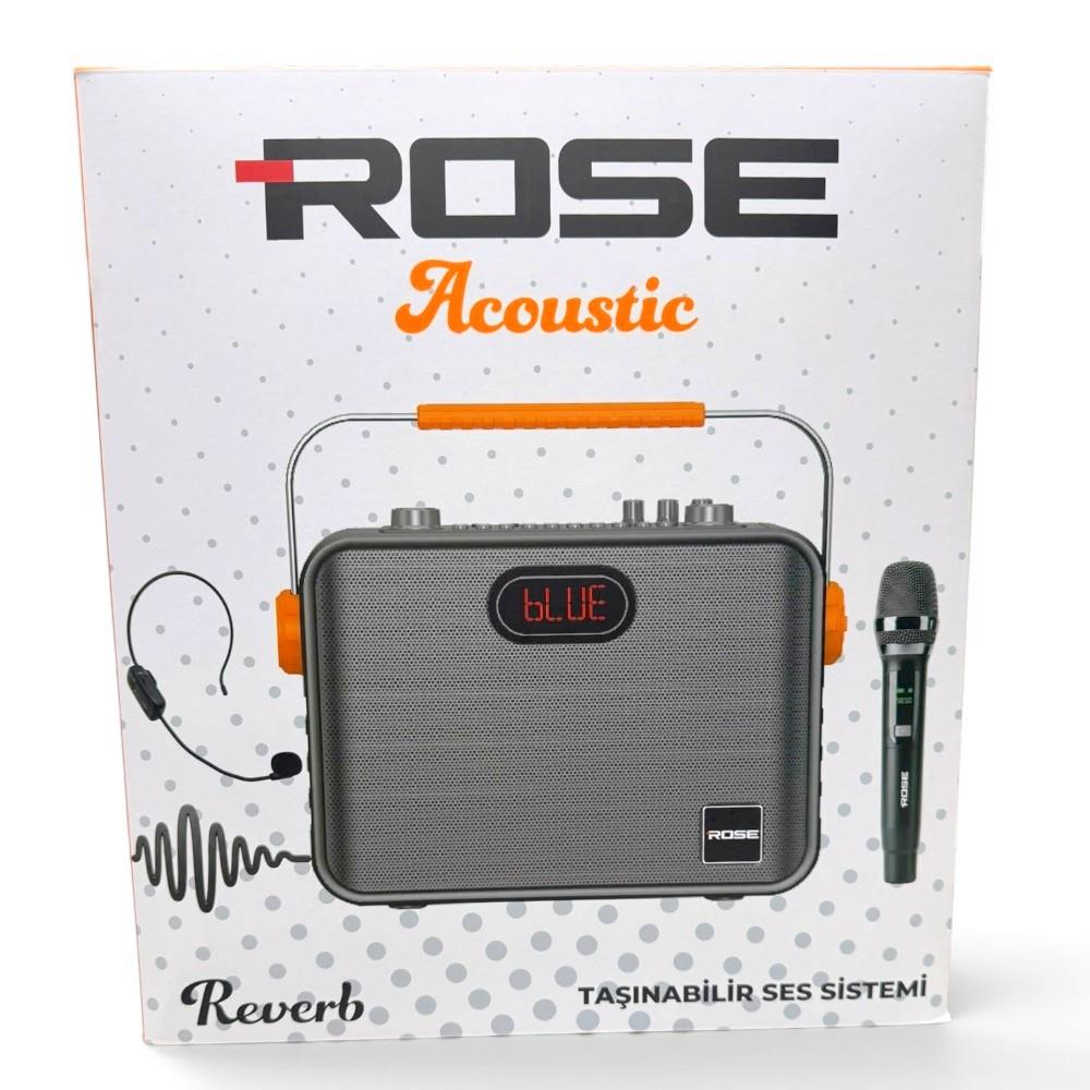 Beyaz puantiyeli arka plan üzerinde ROSE Acoustic hoparlör ve mikrofon ürün ambalajı.
