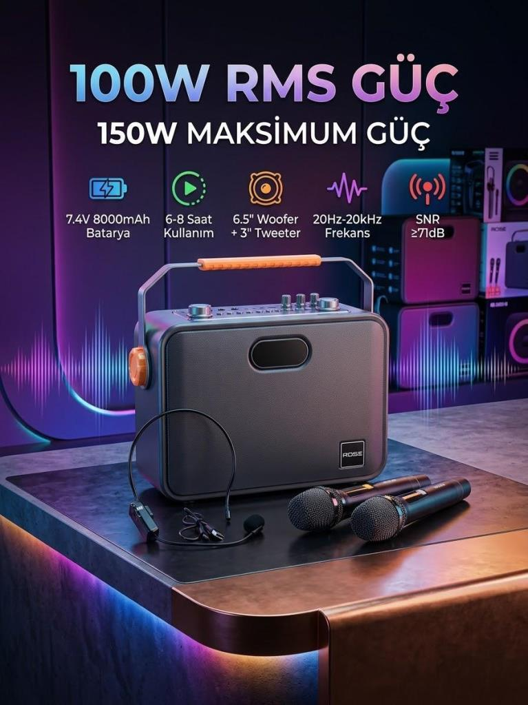 Ürün özellikleriyle çevrili bir masada iki mikrofon ve kulaklığa sahip taşınabilir Bluetooth hoparlör.
