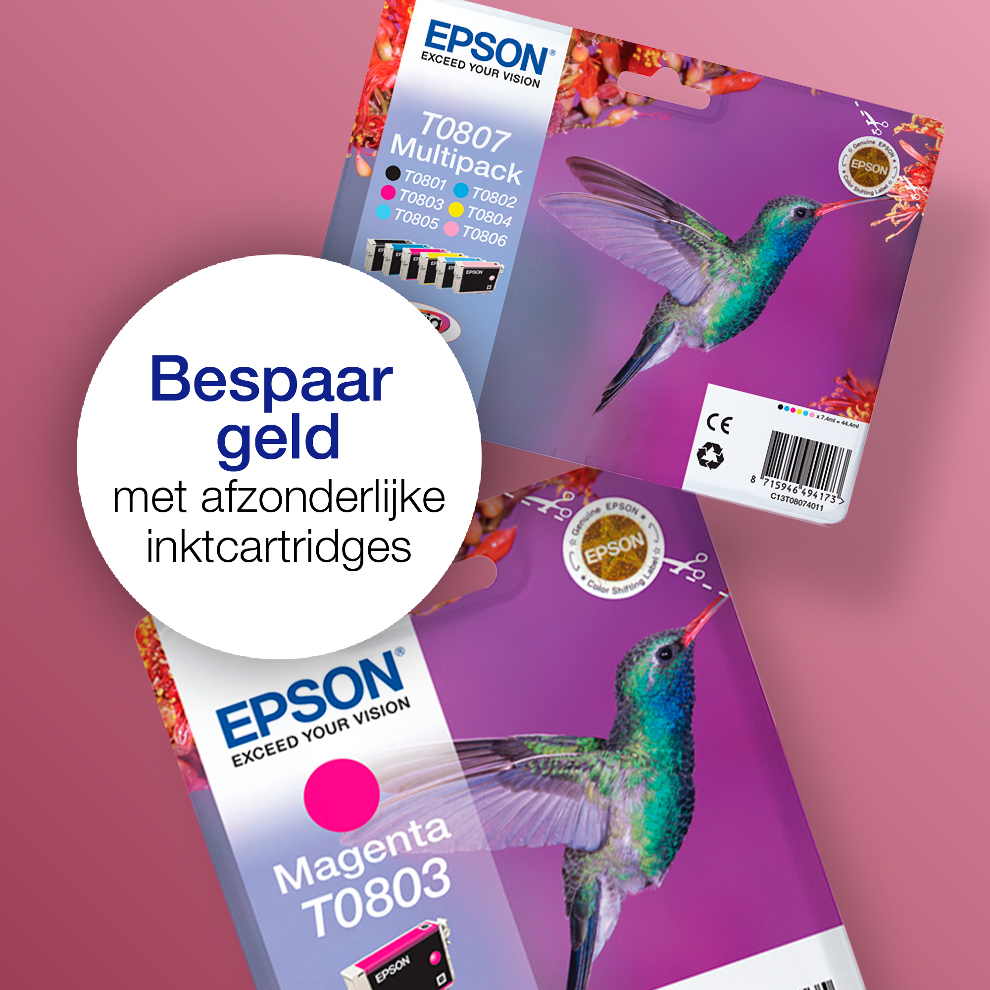 Epson Tintenpatronen Verpackungen mit Kolibri und Text Bespaar geld met afzonderlijke inktcartridges auf pinkem Grund.