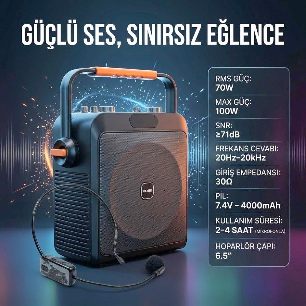 Taşıma kulplu ve mikrofonlu siyah taşınabilir hoparlör, sağ tarafta teknik özelliklerle birlikte.