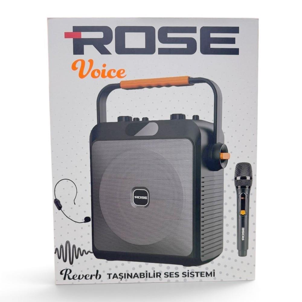 Hoparlör ve mikrofon içeren ROSE Voice Reverb taşınabilir ses sistemi ürün kutusu.