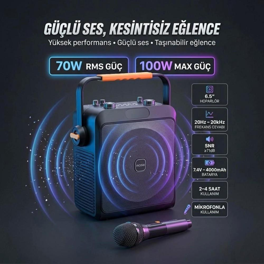 Mikrofonlu ve mavi ses dalgalı taşınabilir siyah bluetooth hoparlör.