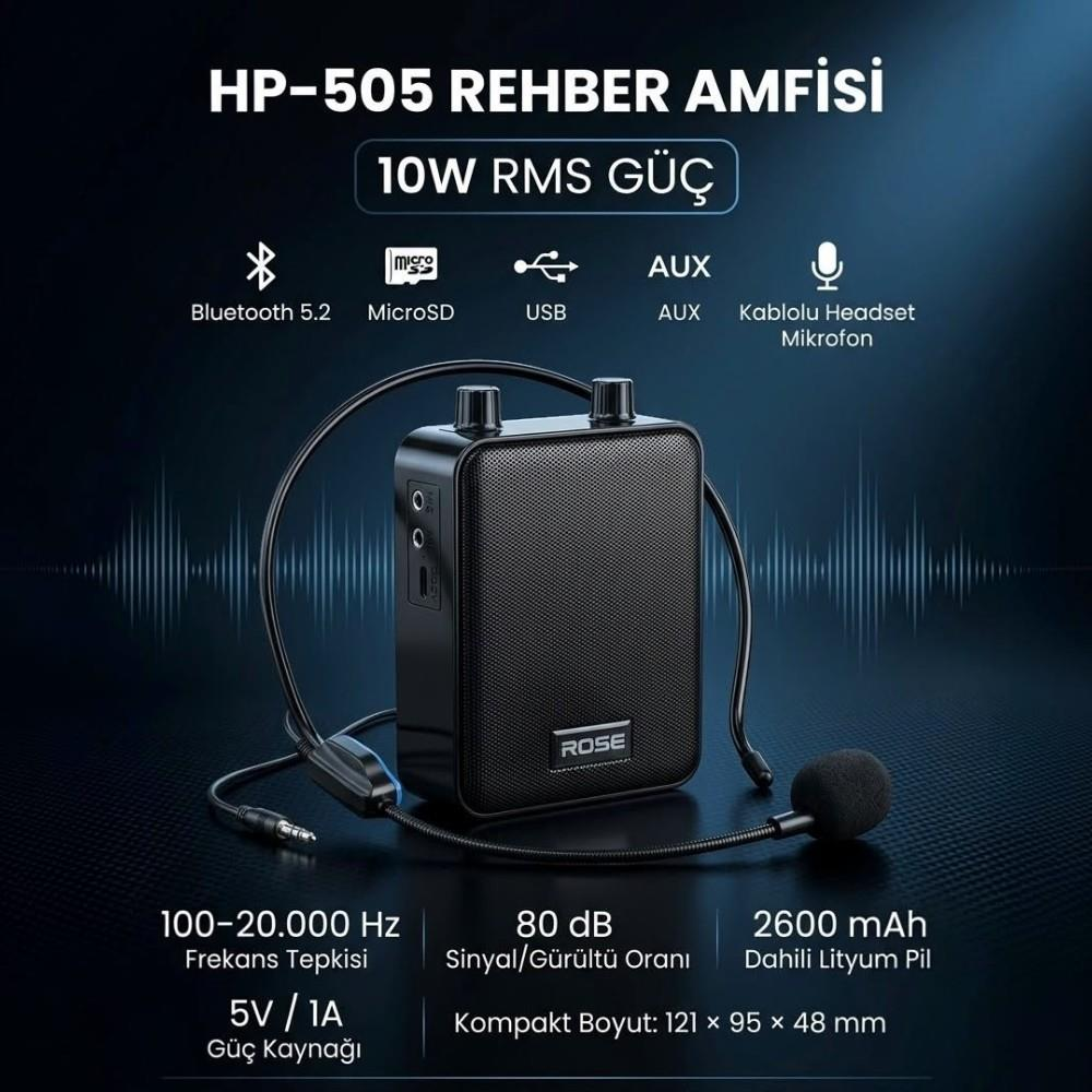 Mavi arka planda mikrofon, Bluetooth ve bağlantı noktalarına sahip HP-505 10W RMS taşınabilir amfi.