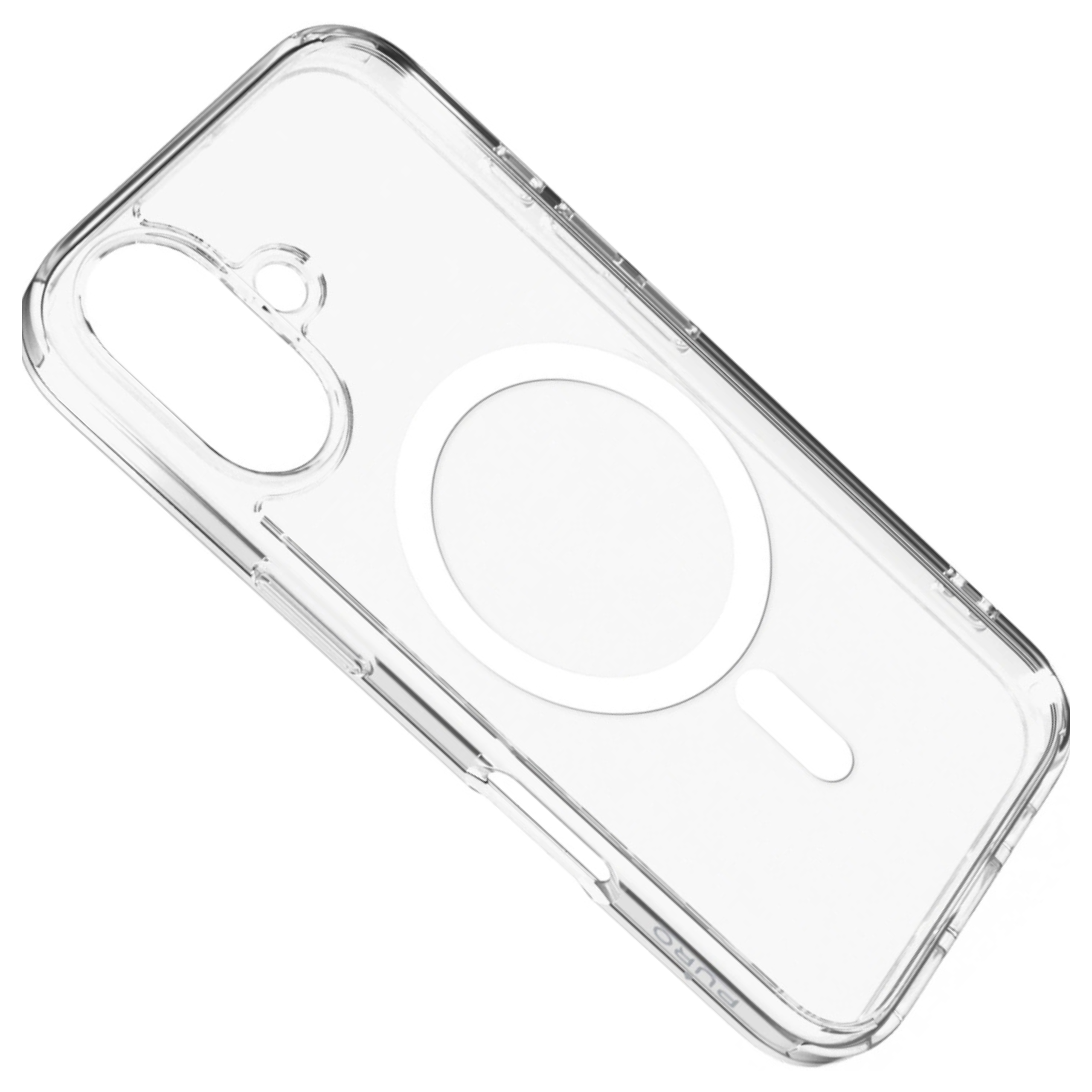 Eine klares, durchsichtiges Smartphone-Case mit einem runden Magnetring auf der Rückseite und Kamera-Aussparung.