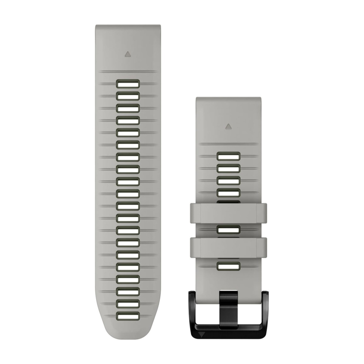 Cinturino per orologio in silicone grigio con fori perforati e fibbia nera su fondo bianco.
