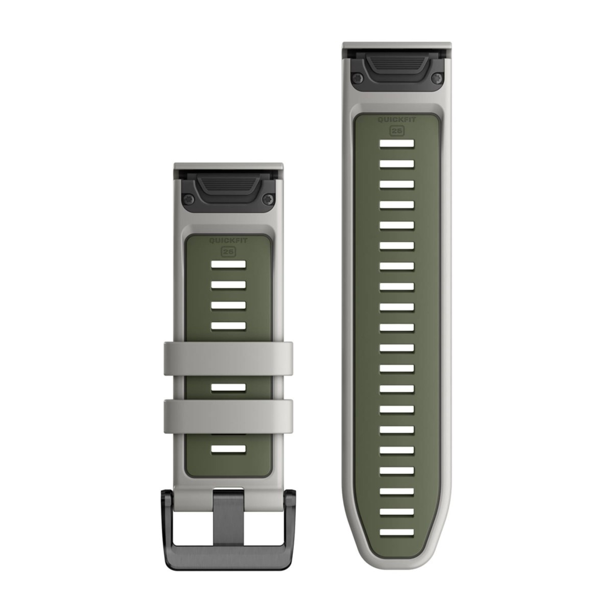 Cinturini per orologio in silicone verde oliva e grigio con attacco quickfit su sfondo bianco.