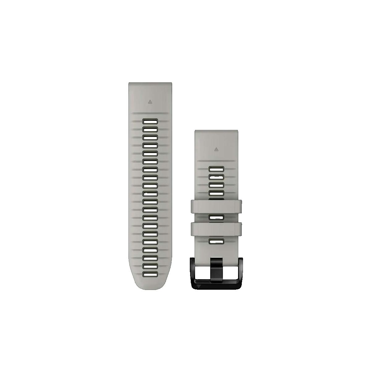 Cinturino per orologio in silicone grigio con fibbia nera e fori.