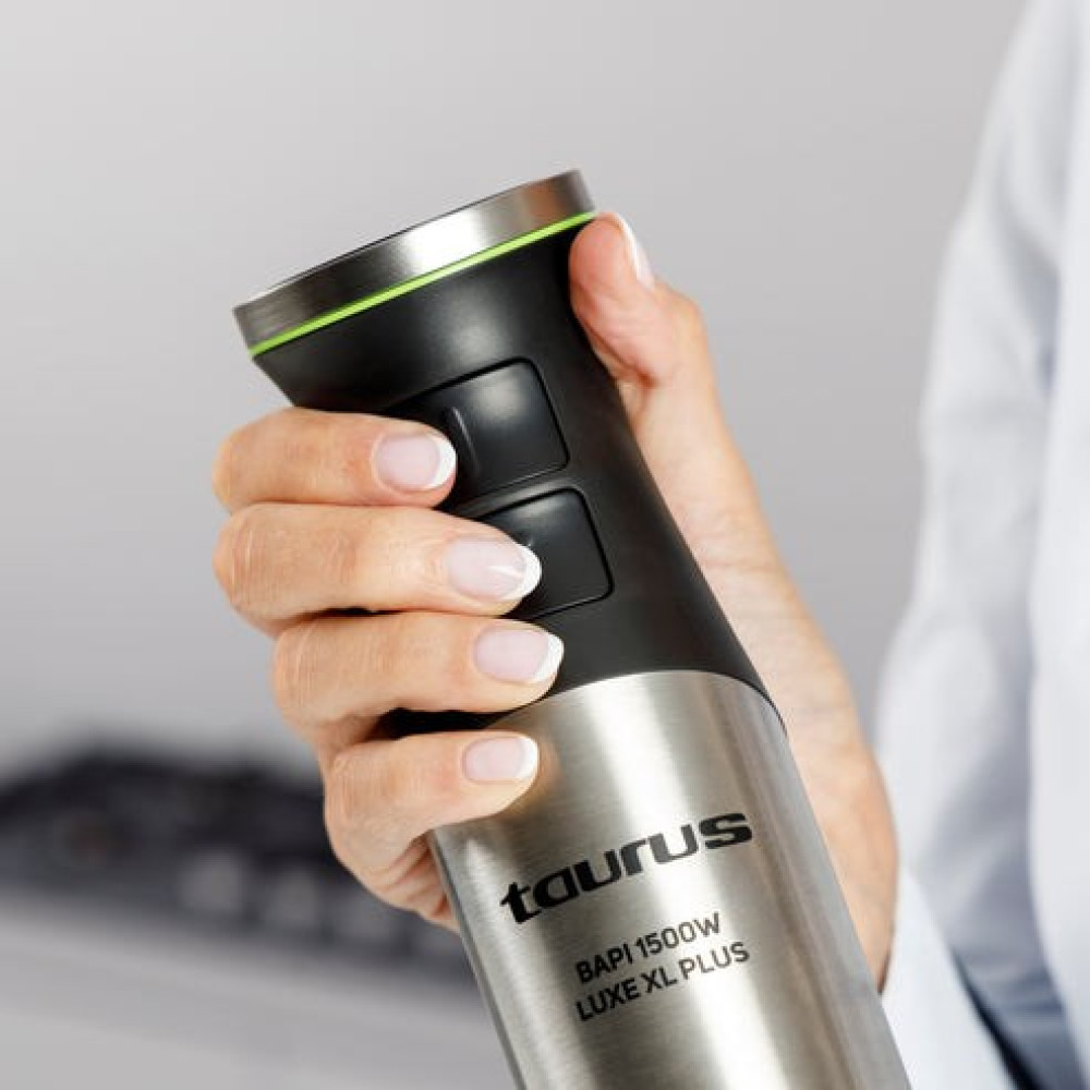 Una persona tiene in mano un minipimer Taurus Bapi 1500W argento e nero.