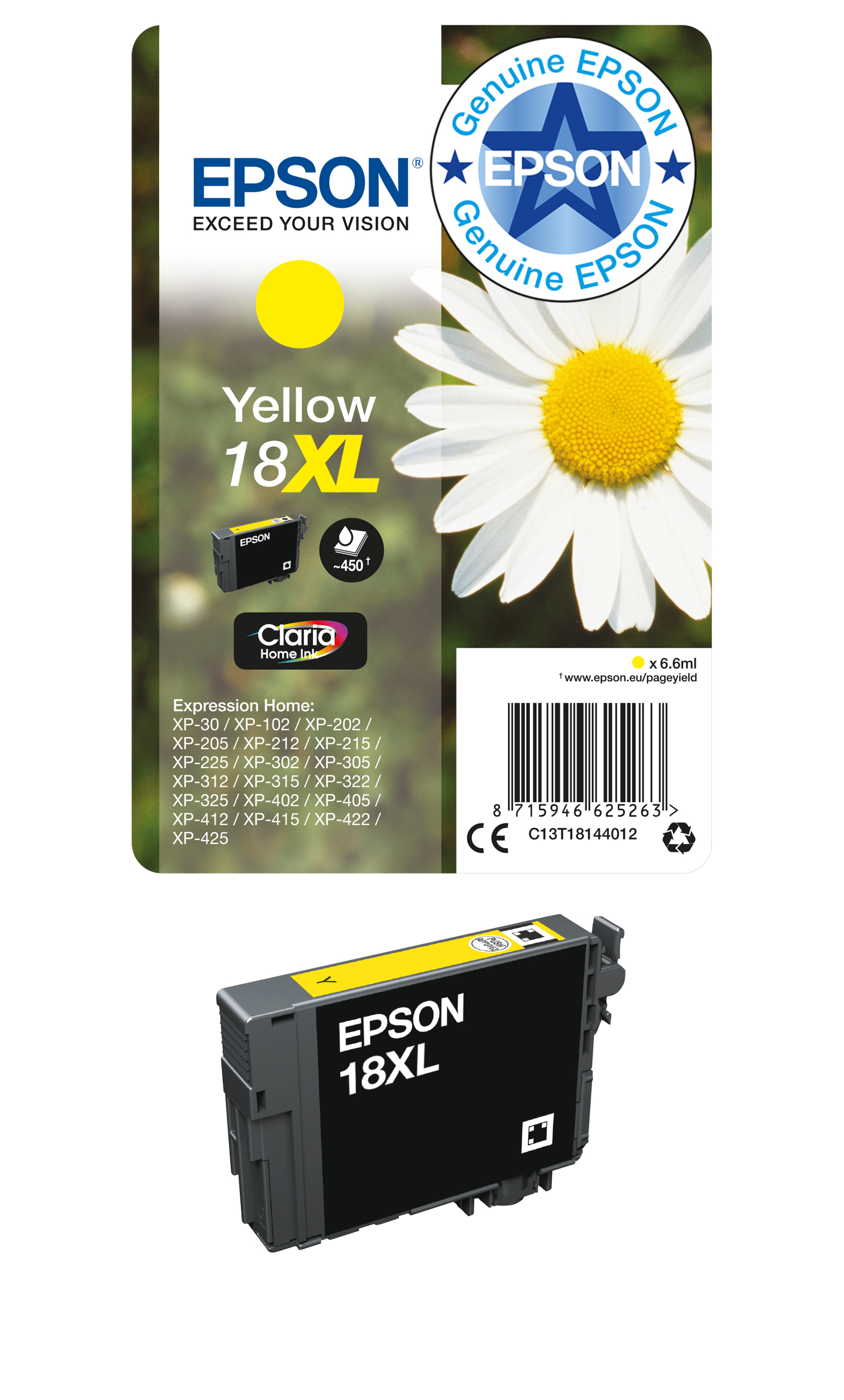 Cartucho de tinta amarilla Epson 18XL con empaque y margarita blanca.