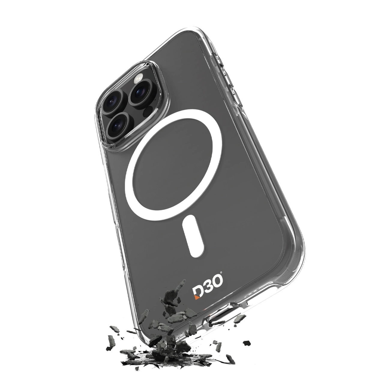 Funda transparente para móvil con anillo MagSafe, logotipo D3O y fragmentos negros rompiéndose sobre fondo blanco.