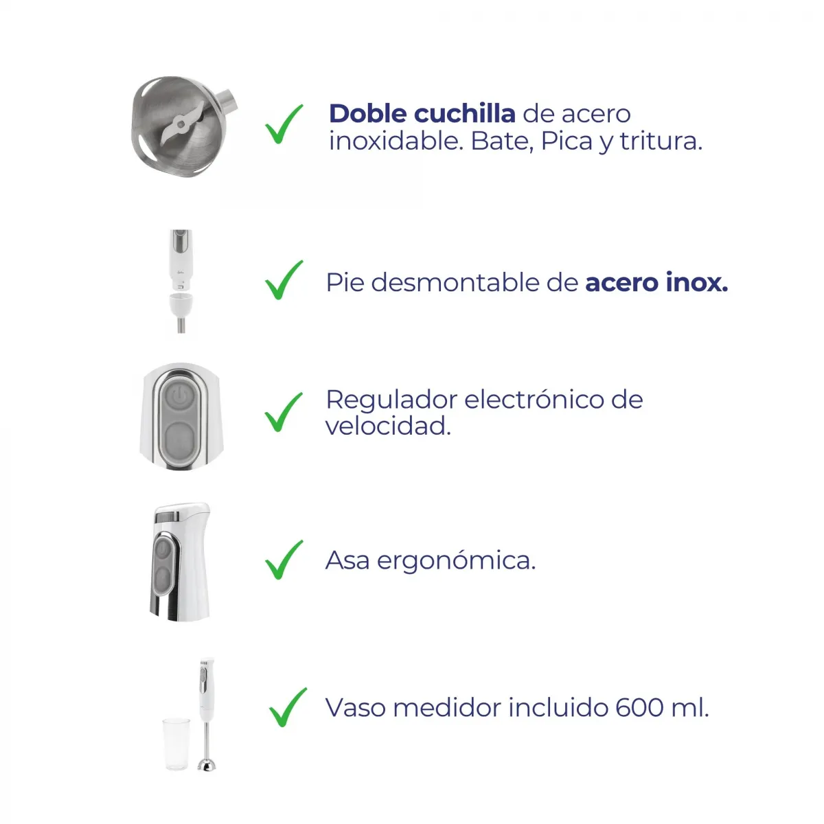 Características de una batidora: doble cuchilla, pie de acero inoxidable, regulador de velocidad, asa y vaso de 600 ml.