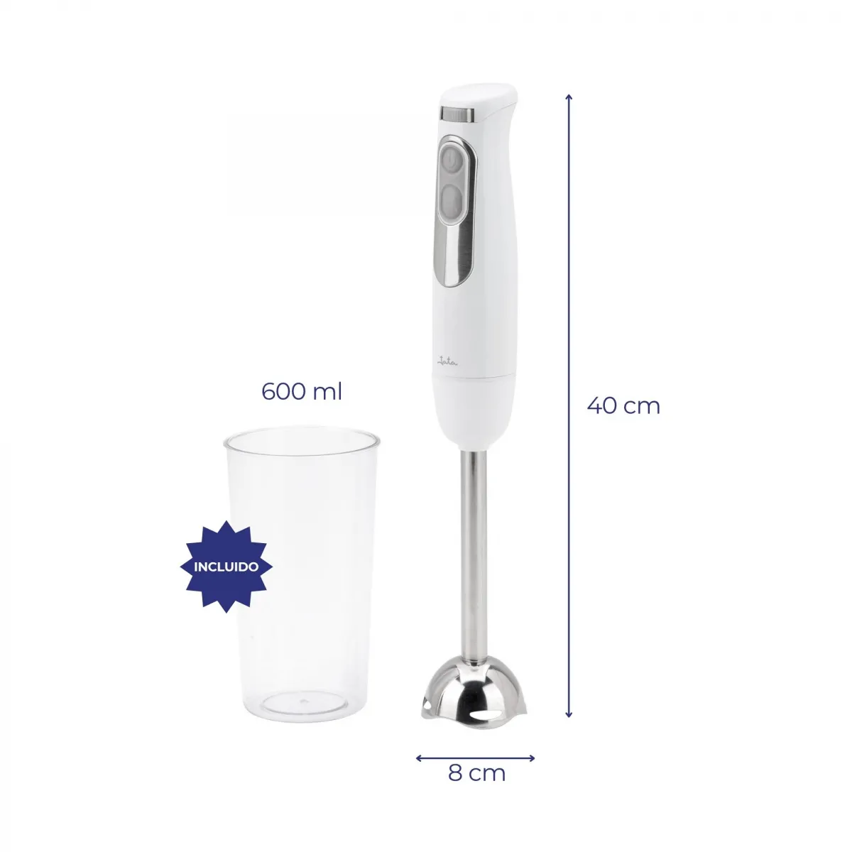 Batidora de mano blanca con pie de acero inoxidable y vaso medidor de 600 ml con indicaciones de tamaño.