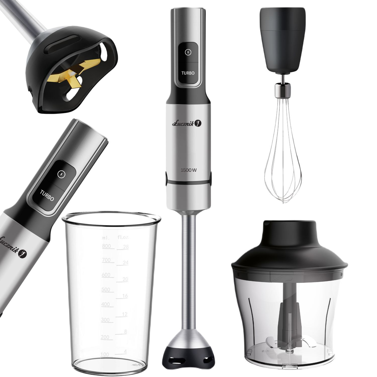 Srebrny blender ręczny z akcesoriami, w tym miarką, trzepaczką i rozdrabniaczem, na białym tle.