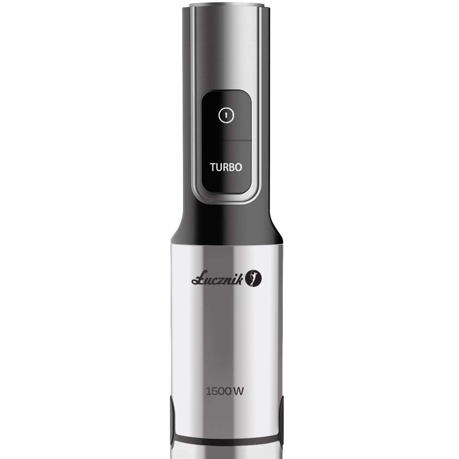 Srebrno-czarny blender ręczny z przyciskami zasilania i turbo, napisem Łucznik oraz 1500 W.