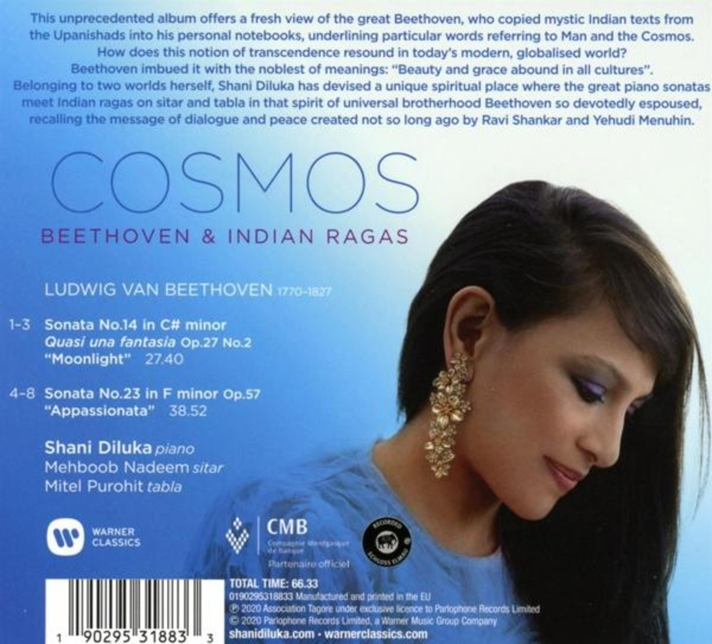 Albumcover mit Pianistin Shani Diluka, Texten über Beethoven und indische Ragas sowie Tracklist auf blauem Grund.