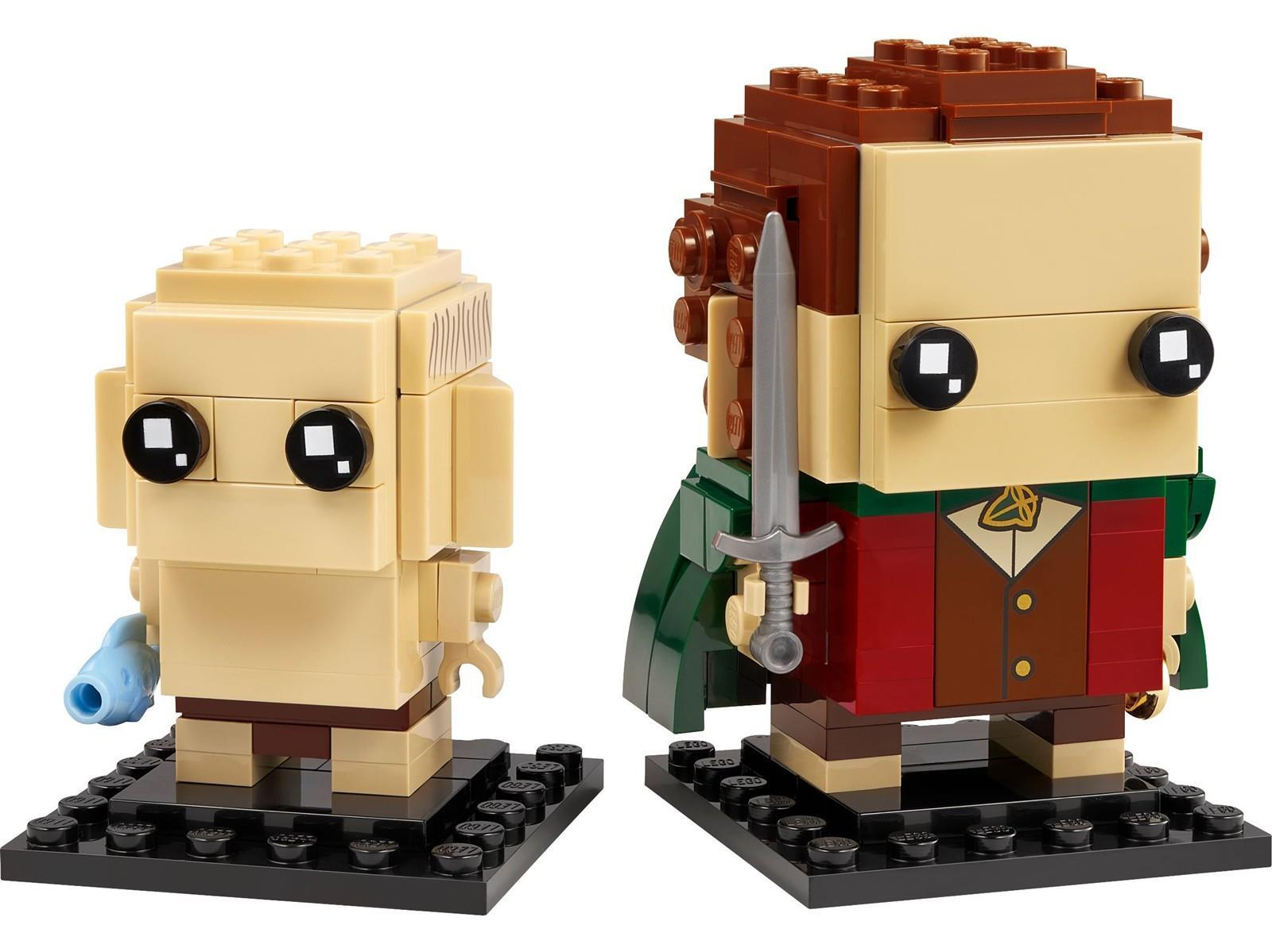 LEGO BrickHeadz Figuren von Gollum mit Fisch und Frodo Beutlin mit Schwert auf schwarzen Sockeln.