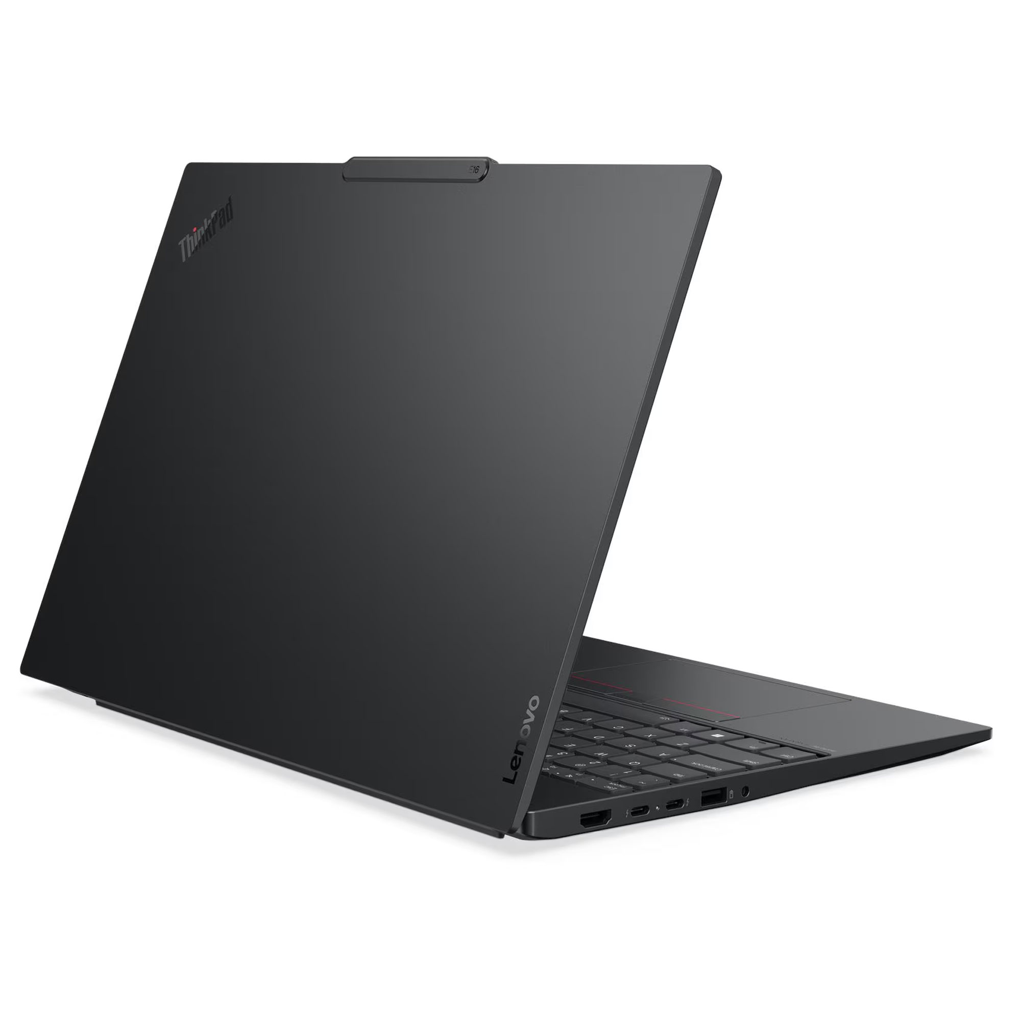 Siyah bir Lenovo ThinkPad dizüstü bilgisayar arkadan görünmekte, kapalı kapağı ve yan bağlantı noktaları var.
