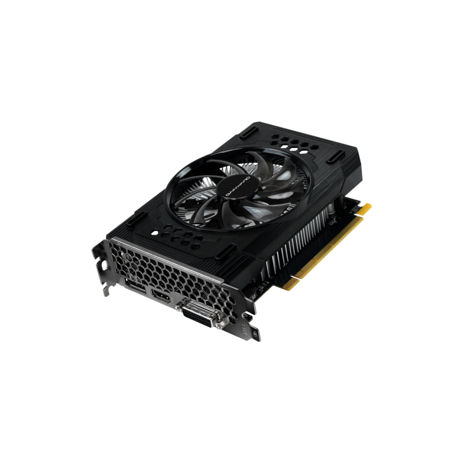 Tarjeta gráfica negra con un solo ventilador y conector PCIe dorado sobre fondo blanco.