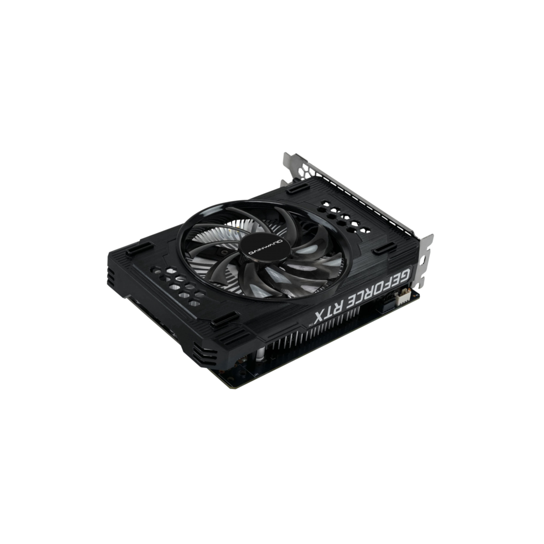 Una tarjeta gráfica negra Gainward GeForce RTX con un ventilador grande y texto impreso sobre un fondo blanco.