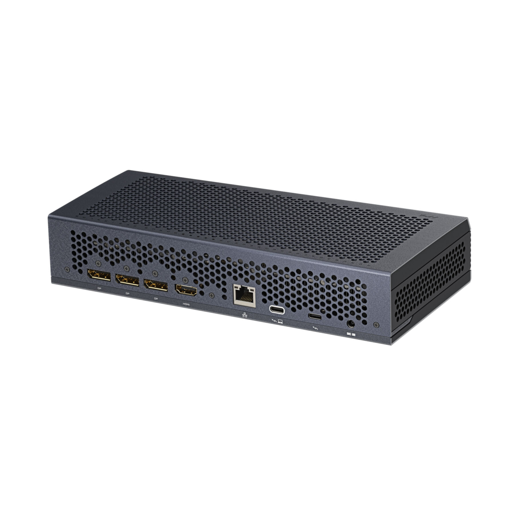 Stazione di docking nera con superficie a rete e porte multiple tra cui DisplayPort, HDMI, Ethernet e USB-C.