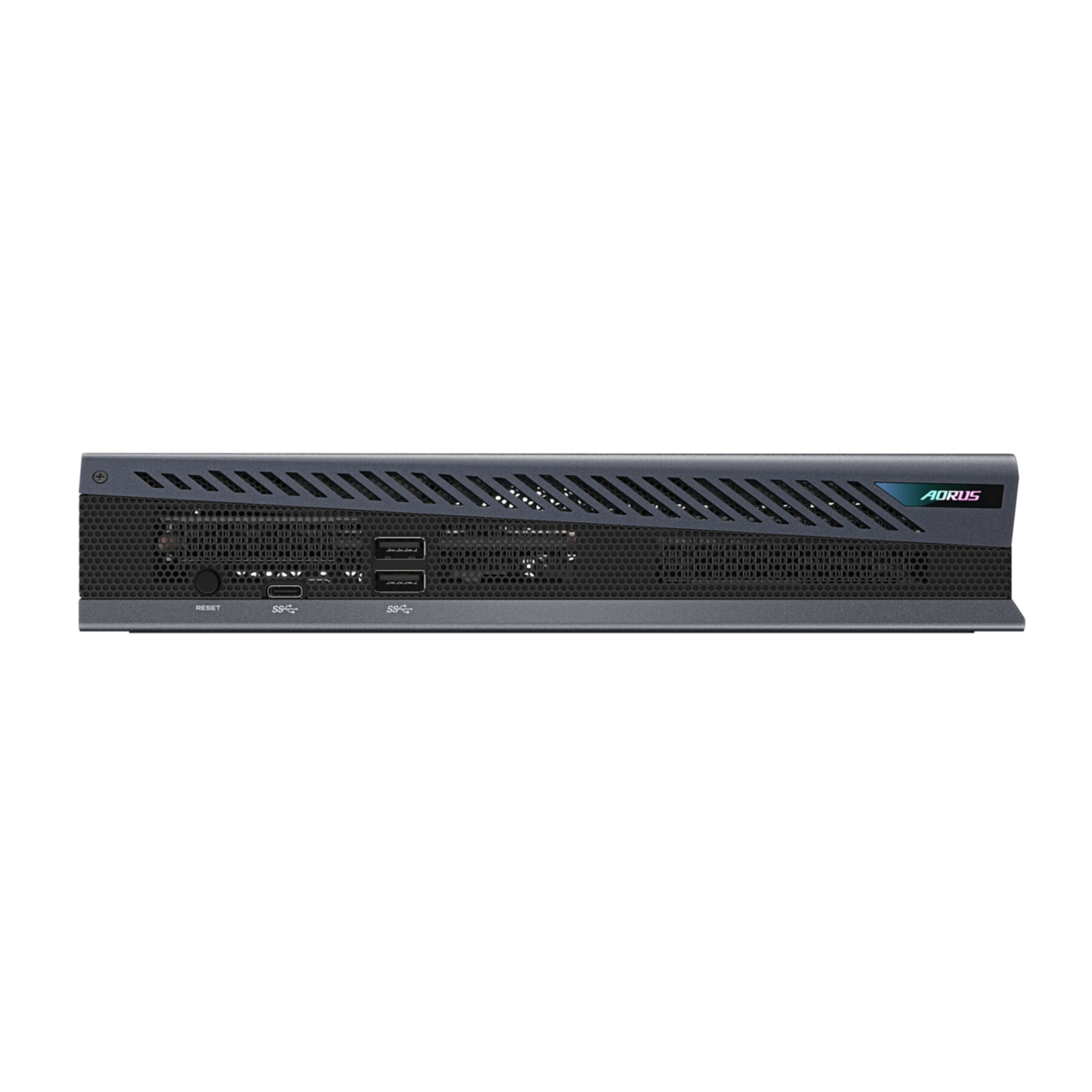 Vista frontale di un mini PC AORUS grigio con griglia a maglia, porte USB e pulsante di reset.