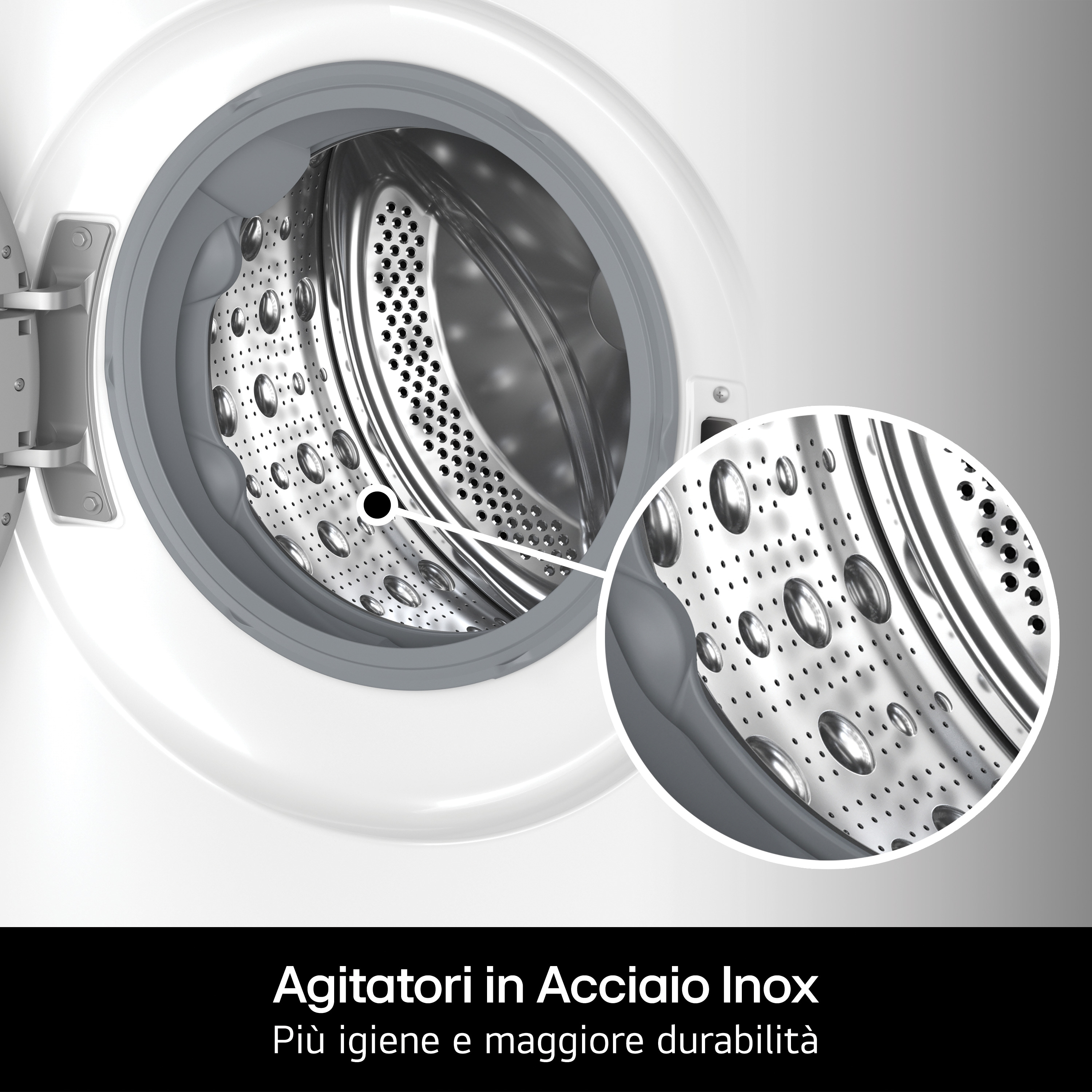 Cestello per lavatrice in acciaio inossidabile con primo piano circolare delle bugnature.