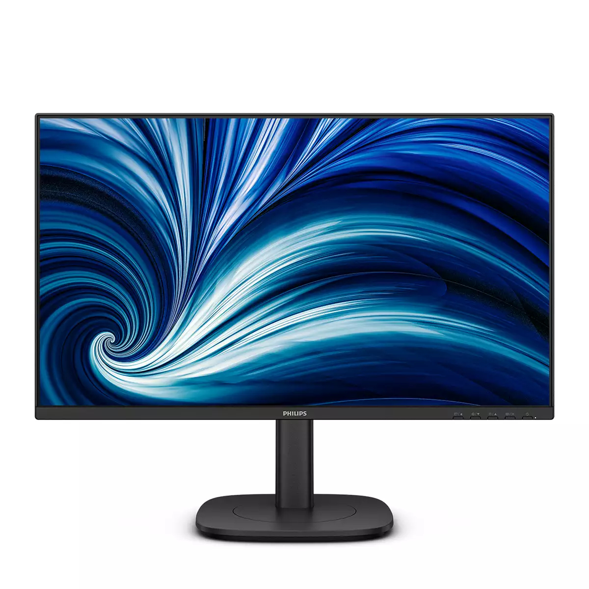 Un monitor negro Philips que muestra un fondo de pantalla de remolino azul en una base redonda.