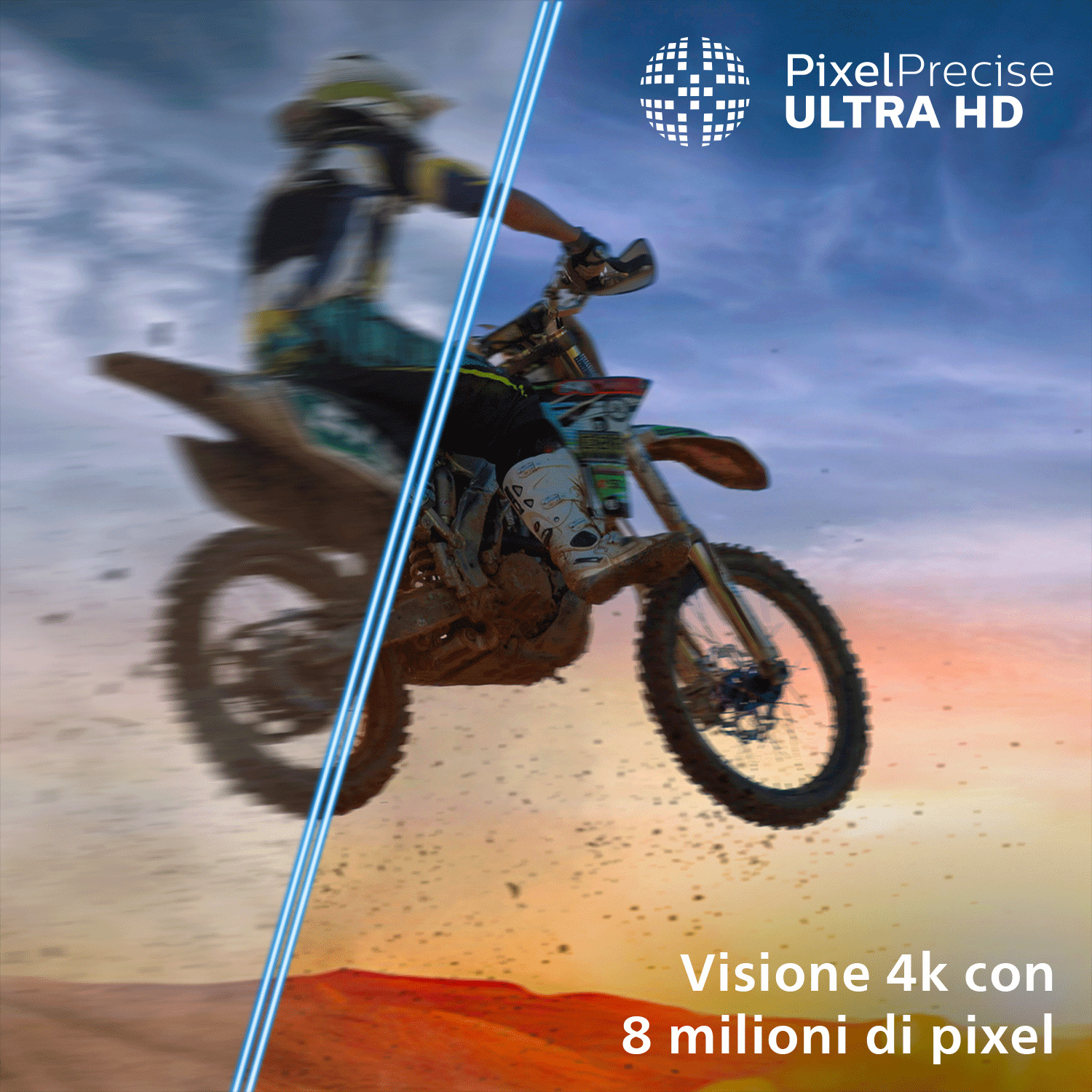 Un pilote de motocross saute dans les airs sur une piste poussiéreuse sous un ciel bleu.