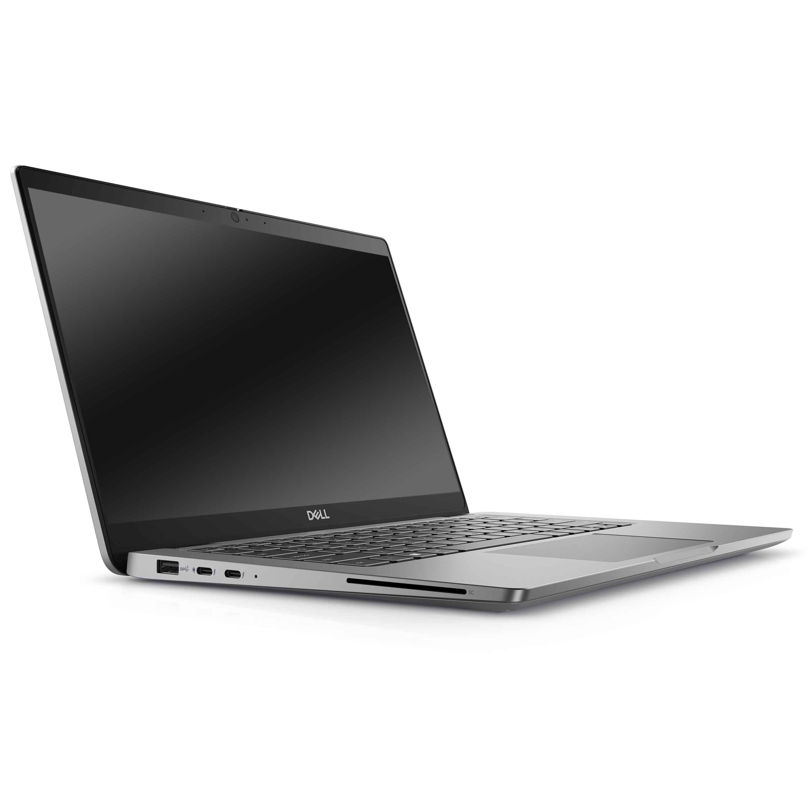 Ein silberner Dell-Laptop steht offen auf weißem Hintergrund, mit Blick auf die linke Seite und die Tastatur.