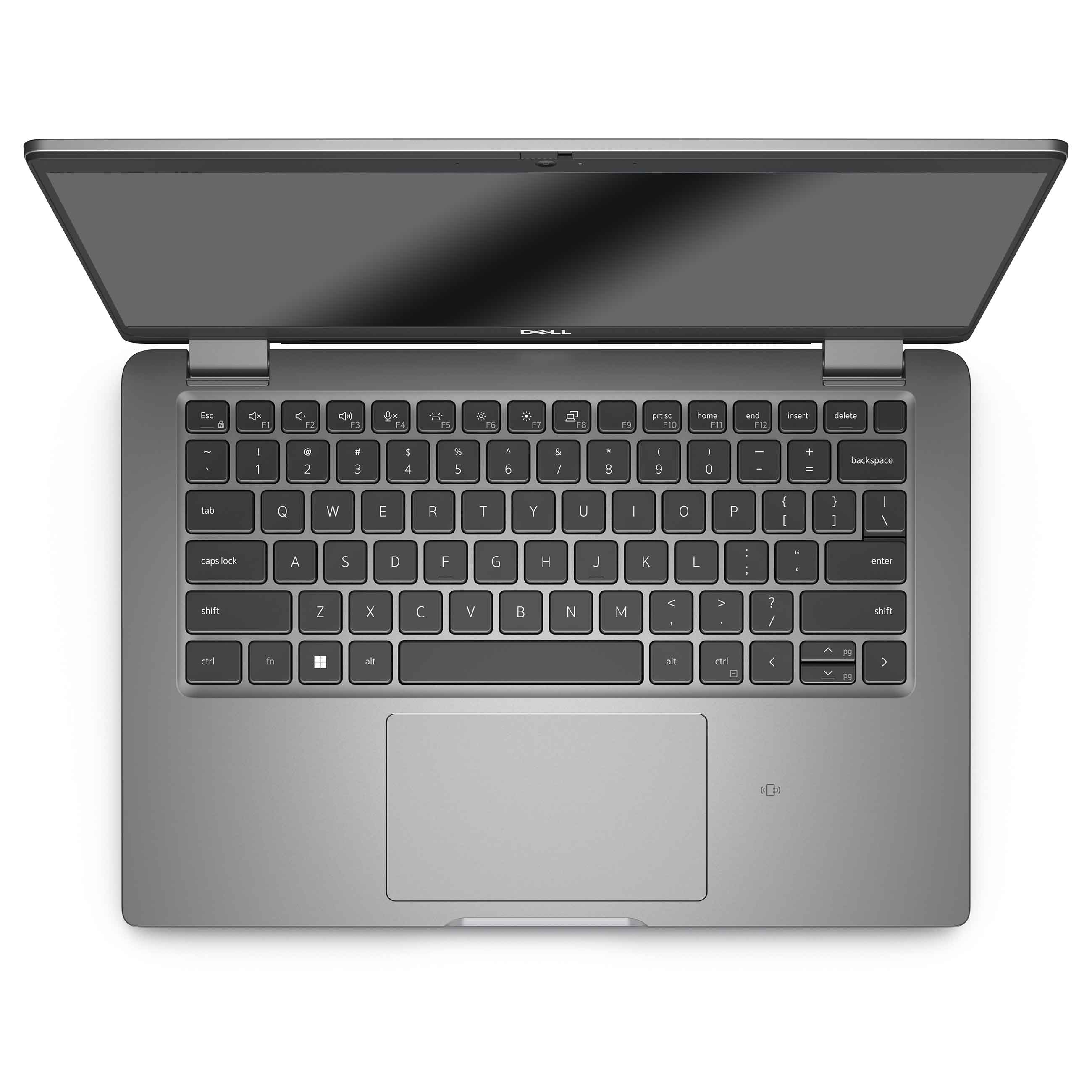 Grauer Dell-Laptop von oben, mit englischer Tastatur und Trackpad.
