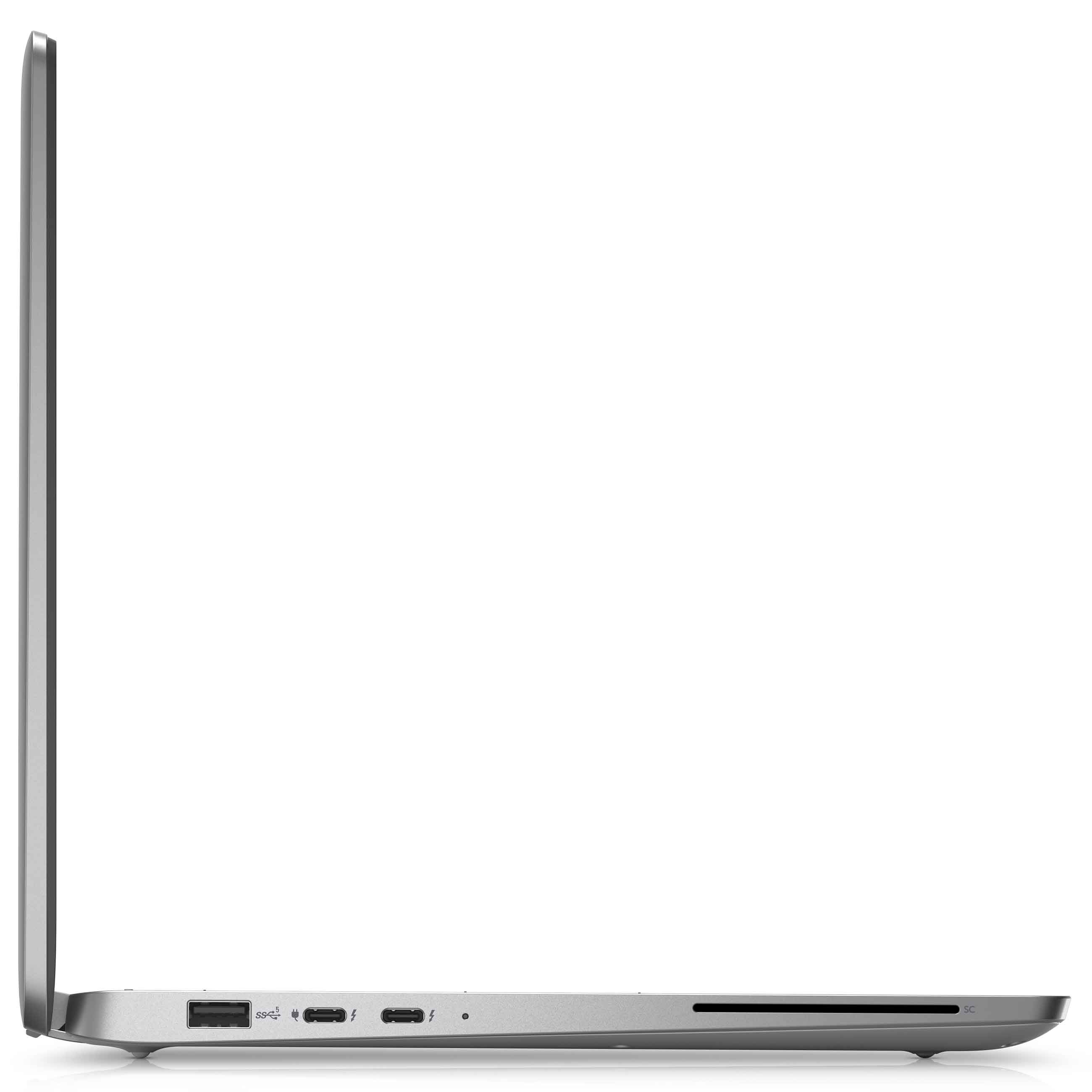 Seitenansicht eines silbernen Laptops mit USB-Anschlüssen, USB-C-Anschlüssen und einem Smartcard-Leser vor weißem Hintergrund.