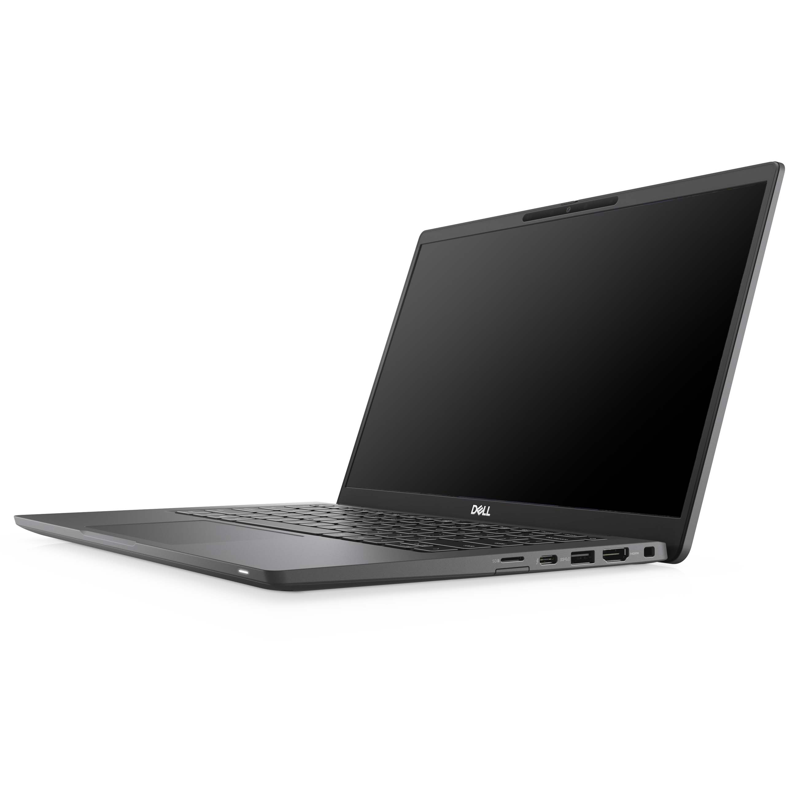 Ein grauer Dell Laptop mit geöffnetem Bildschirm und sichtbaren Anschlüssen an der Seite auf weißem Hintergrund.