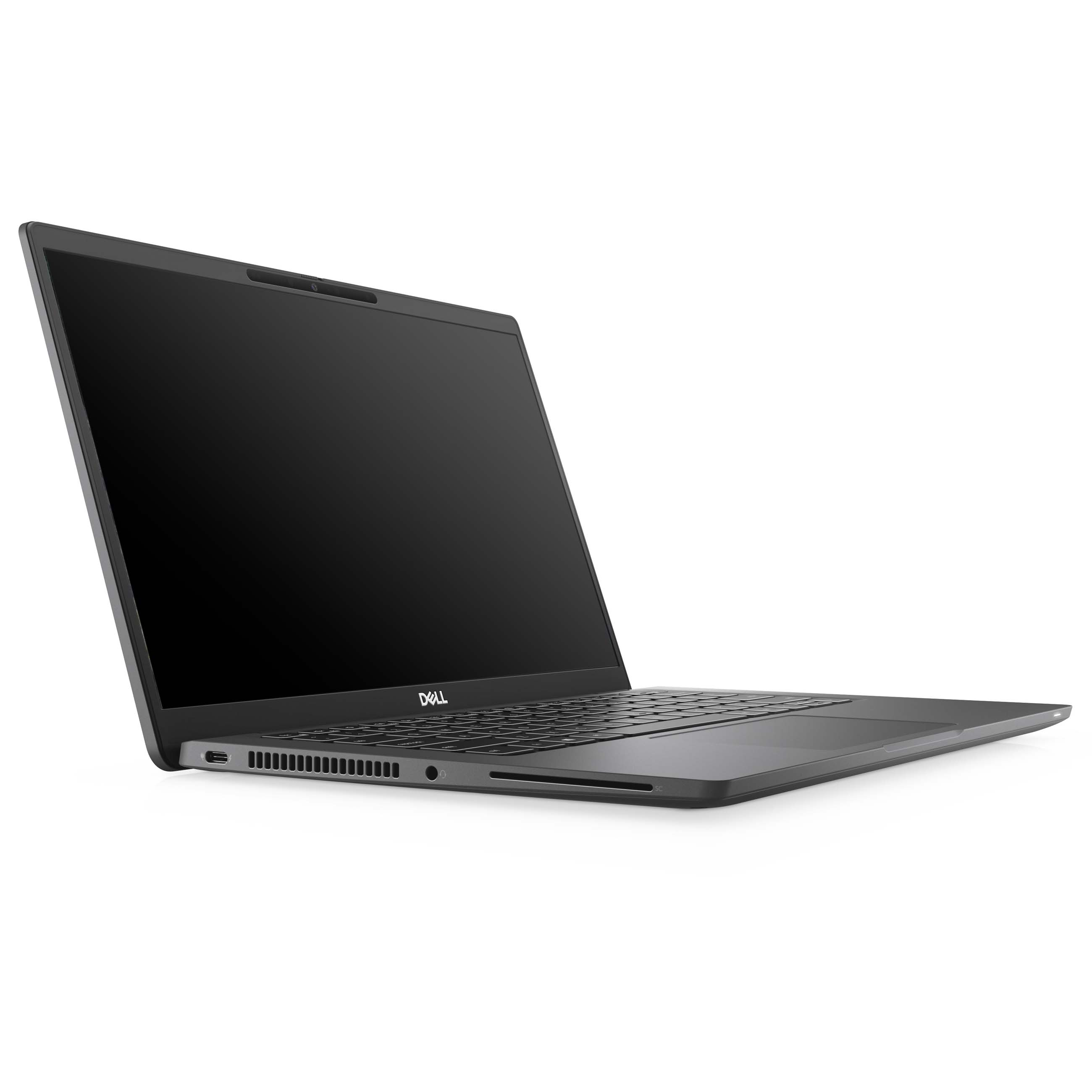 Ein schwarzes Dell-Laptop wird aus niedriger Perspektive vor weißem Hintergrund gezeigt.