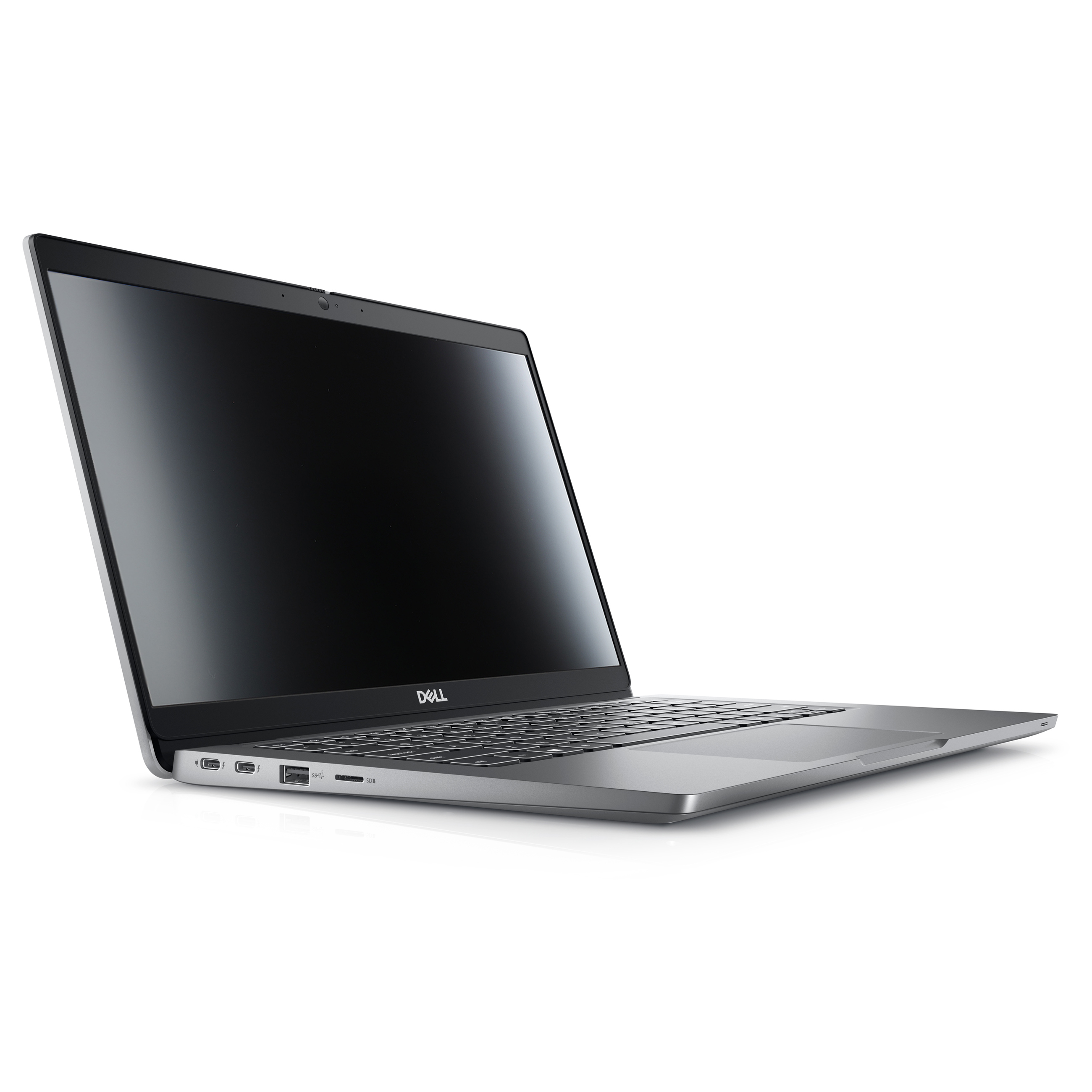 Ein offener silberner Dell-Laptop auf weißem Hintergrund, seitlich betrachtet.