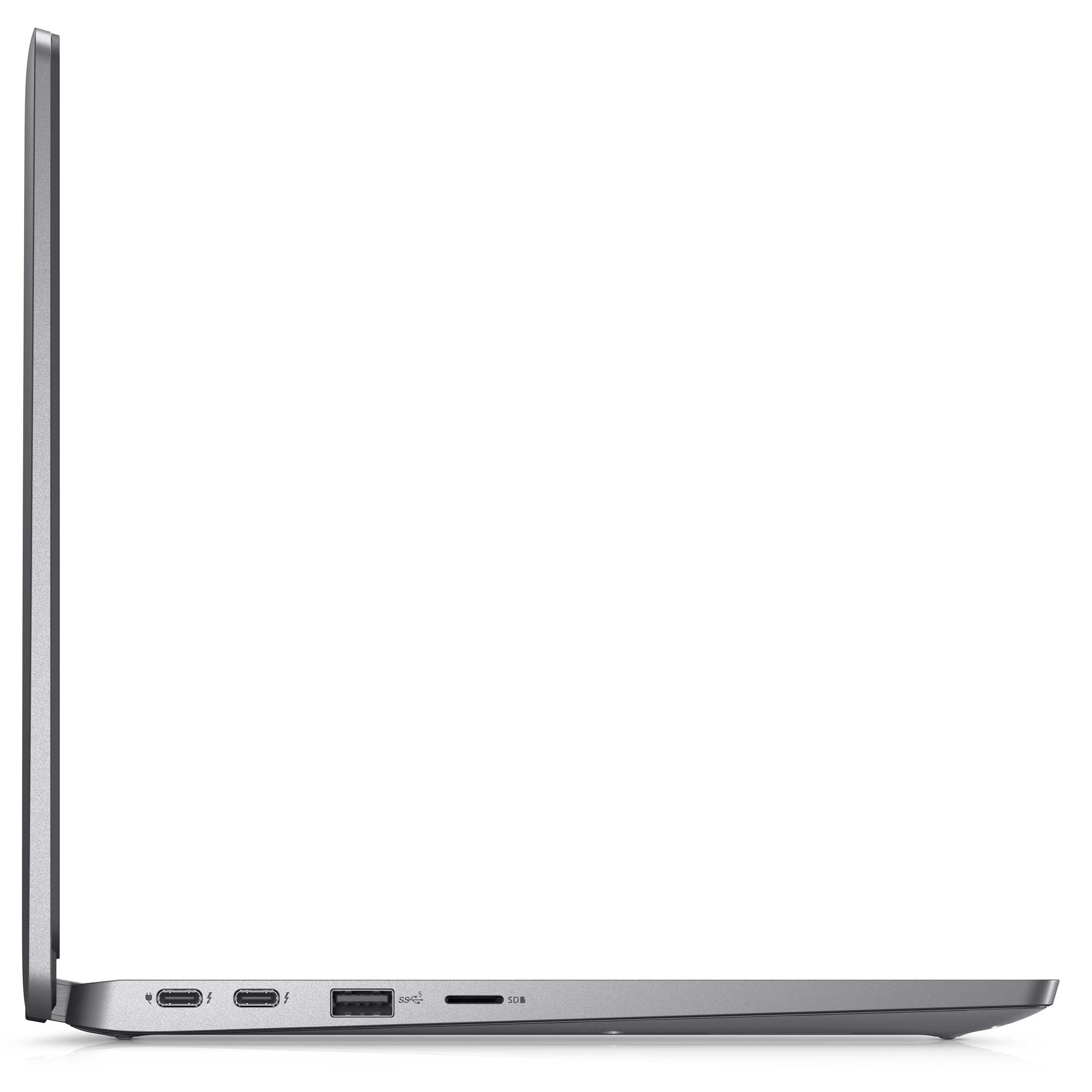 Linke Seite eines grauen Laptops mit zwei USB-C-Anschlüssen, einem USB-Anschluss und einem SD-Kartenleser auf weißem Grund.